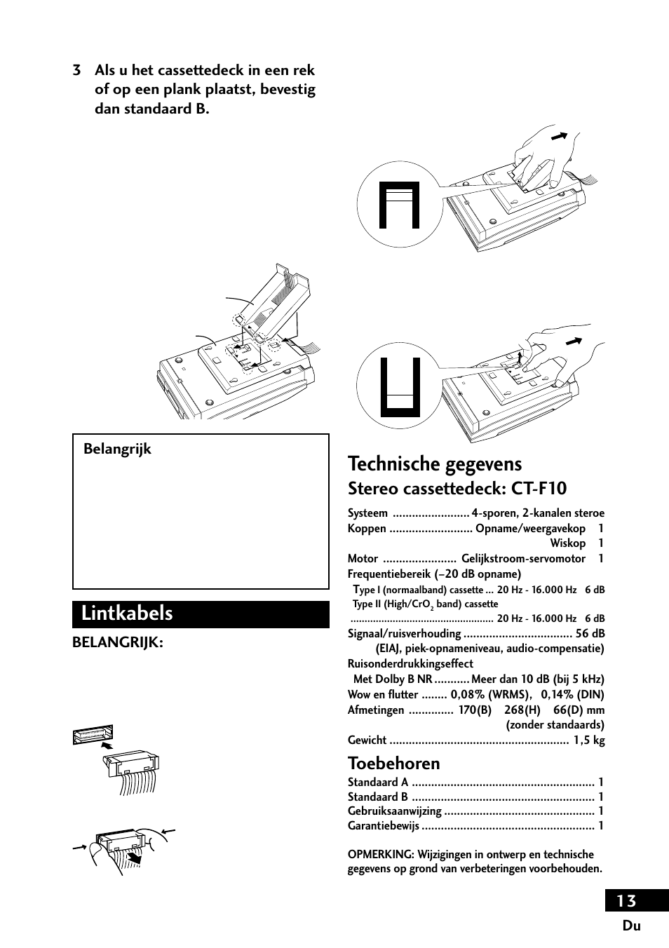 Lintkabels, Technische gegevens, Stereo cassettedeck: ct-f10 | Toebehoren | Pioneer CT-F10 User Manual | Page 13 / 20