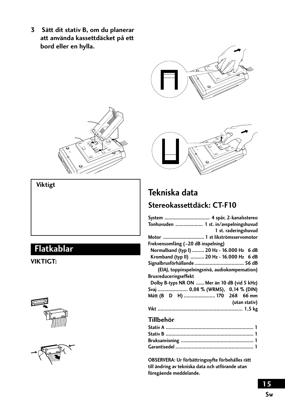 Flatkablar, Tekniska data, Stereokassettdäck: ct-f10 | Pioneer CT-F10 User Manual | Page 15 / 20
