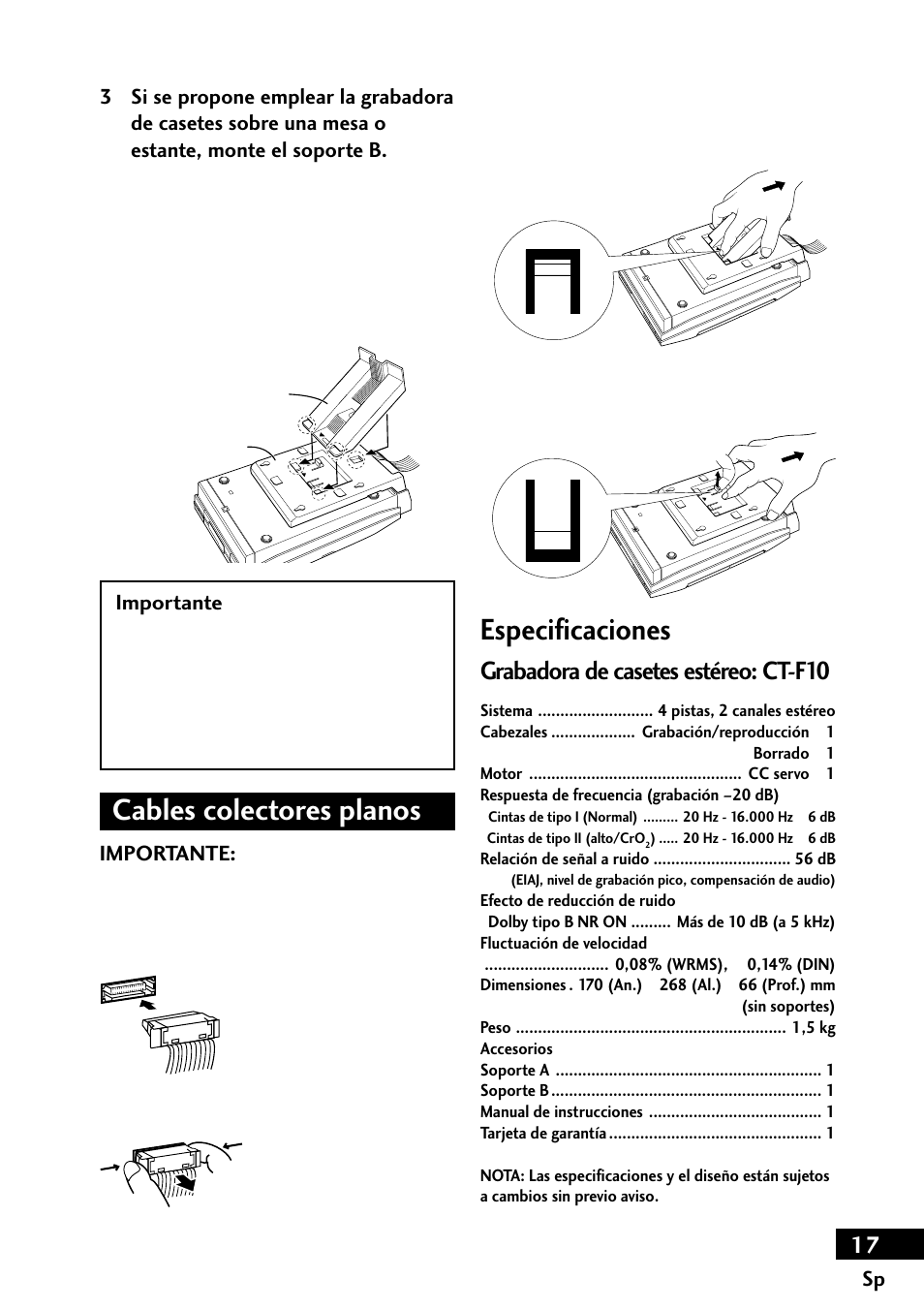 Cables colectores planos, Especificaciones, Grabadora de casetes estéreo: ct-f10 | Pioneer CT-F10 User Manual | Page 17 / 20