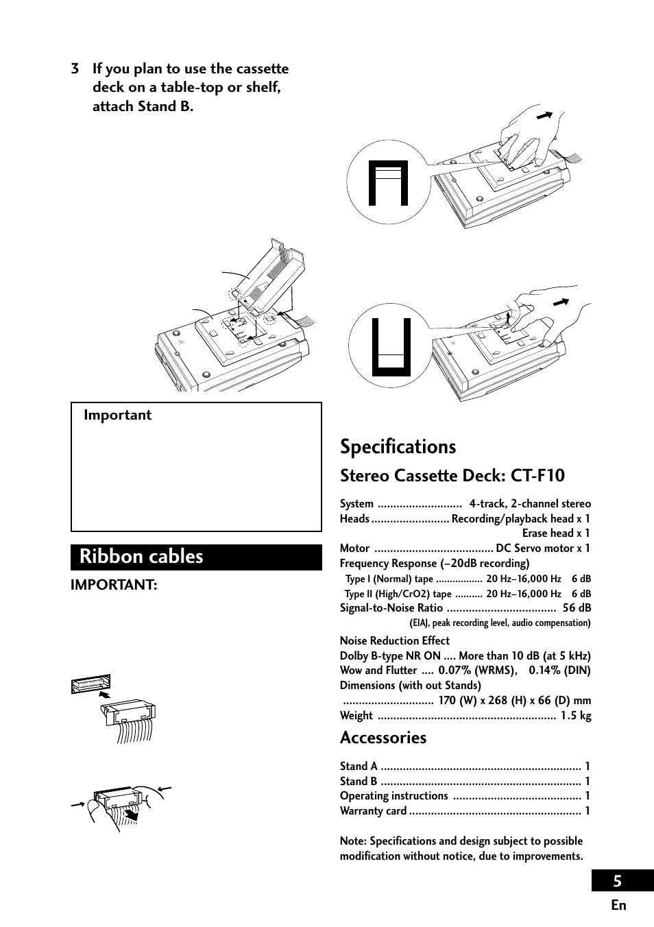 Specifications, Ribbon cables, Stereo cassette deck: ct-f10 | Accessories | Pioneer CT-F10 User Manual | Page 5 / 20