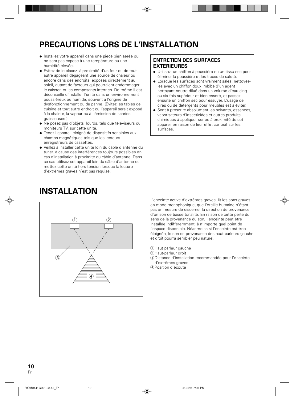 Precautions lors de l’installation installation | Pioneer S-W40S User Manual | Page 10 / 52