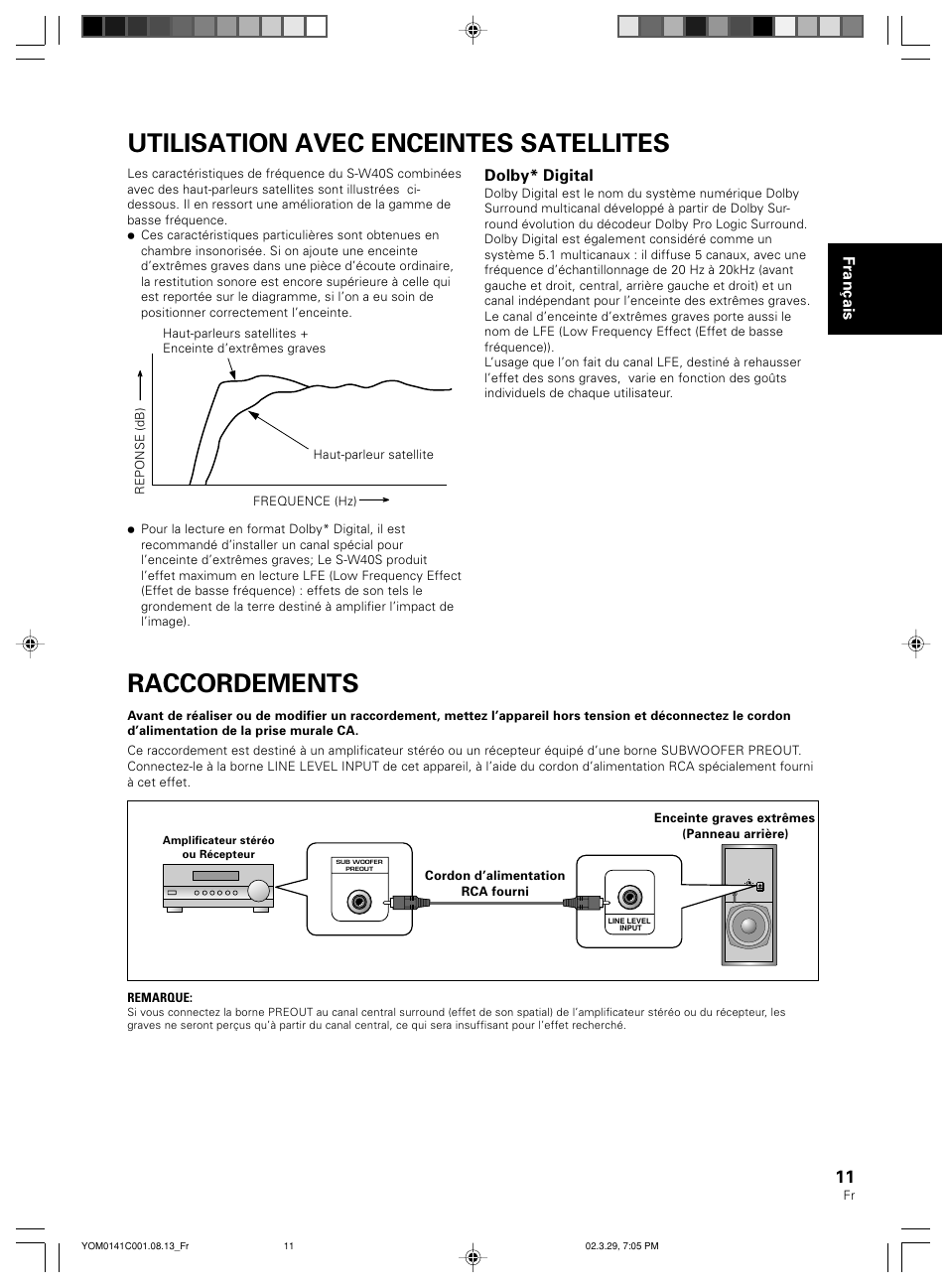 Utilisation avec enceintes satellites, Raccordements, Fran ç ais | Dolby* digital | Pioneer S-W40S User Manual | Page 11 / 52