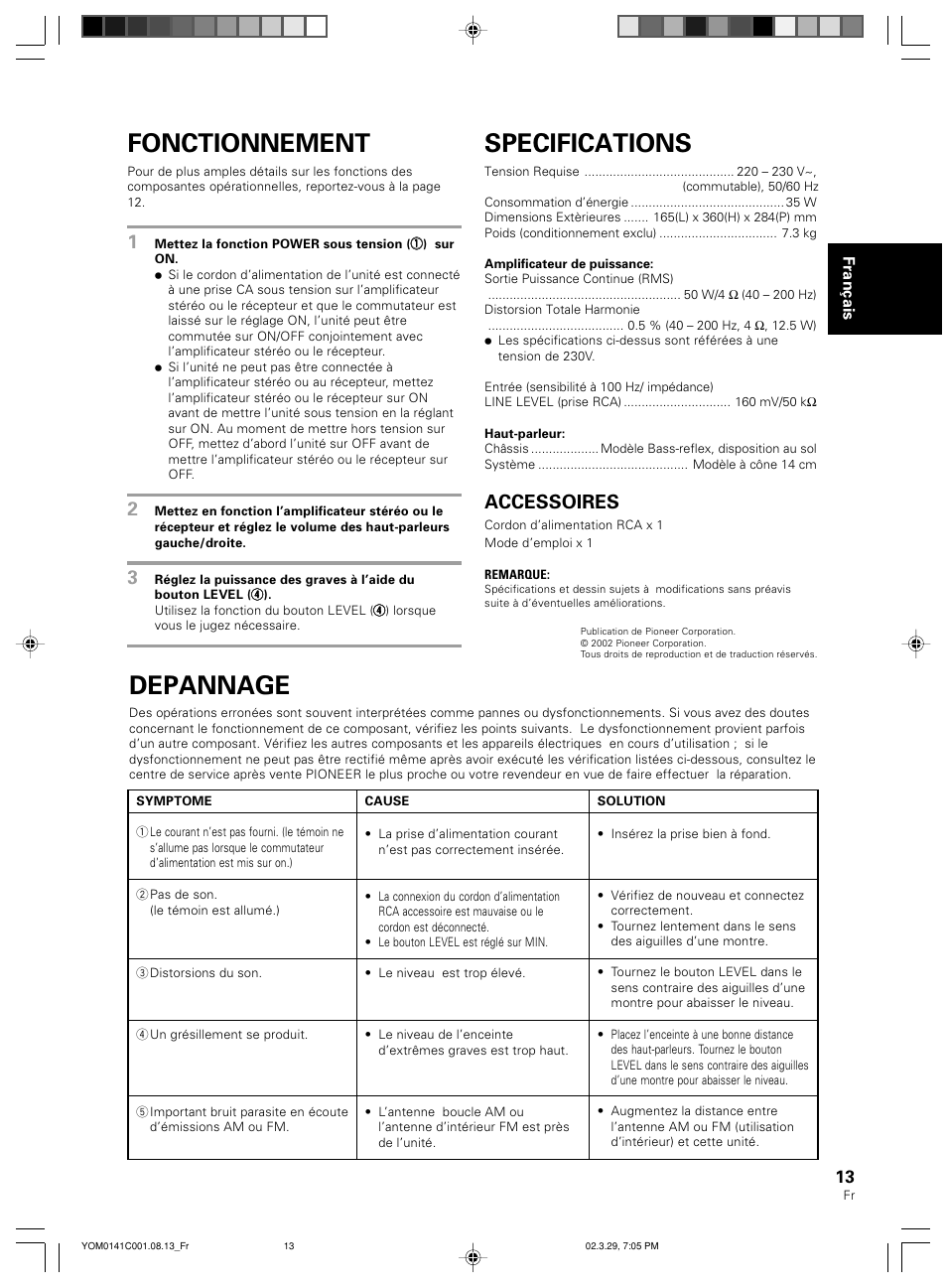 Fonctionnement, Specifications, Depannage | Accessoires | Pioneer S-W40S User Manual | Page 13 / 52
