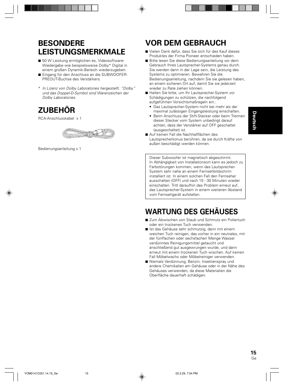 Besondere leistungsmerkmale, Zubehör, Vor dem gebrauch | Wartung des gehäuses | Pioneer S-W40S User Manual | Page 15 / 52