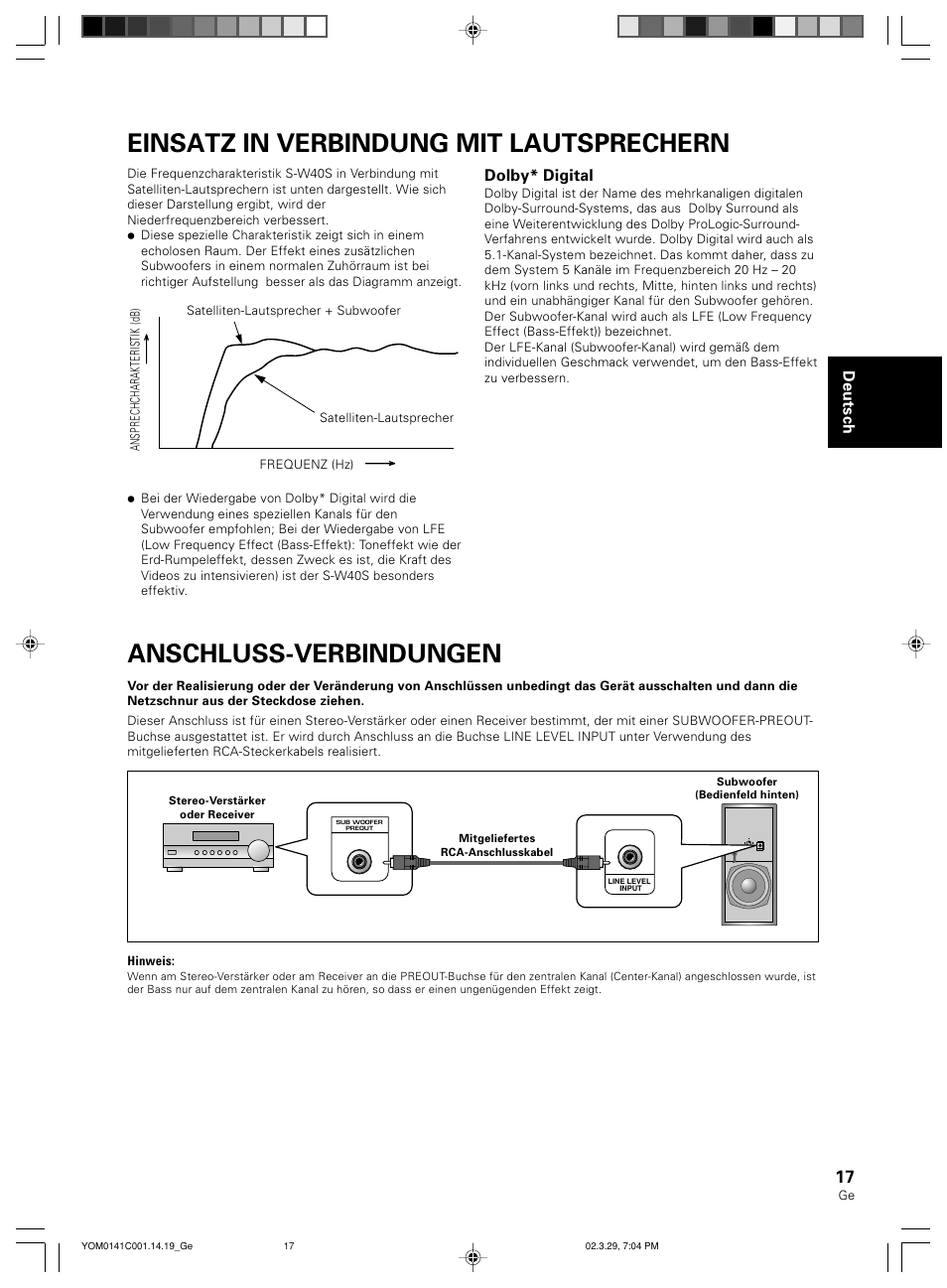 Einsatz in verbindung mit lautsprechern, Anschluss-verbindungen, Deutsch | Dolby* digital | Pioneer S-W40S User Manual | Page 17 / 52