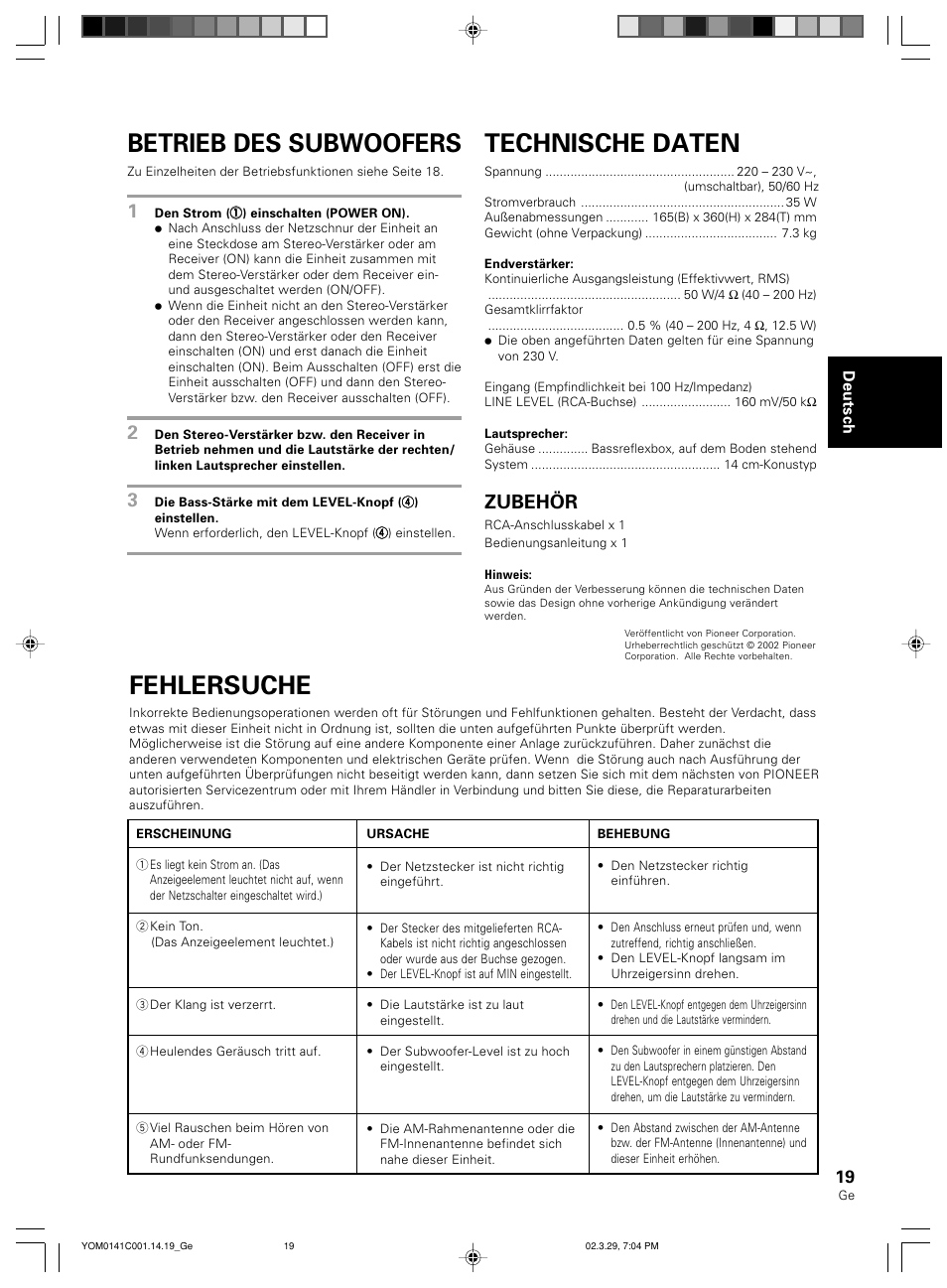 Betrieb des subwoofers, Technische daten, Fehlersuche | Zubehör | Pioneer S-W40S User Manual | Page 19 / 52