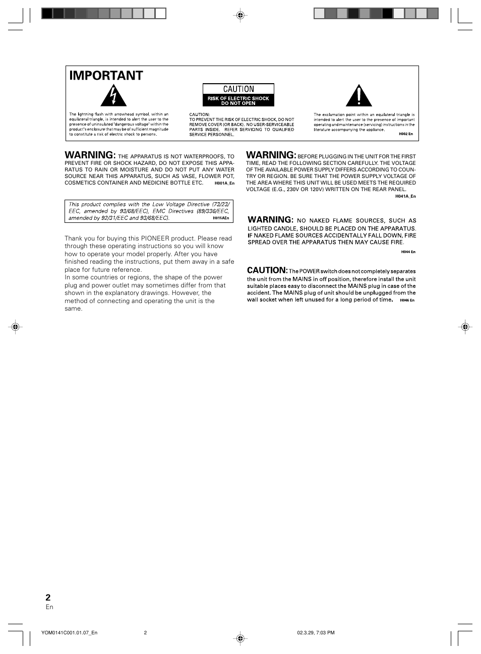 Warning | Pioneer S-W40S User Manual | Page 2 / 52