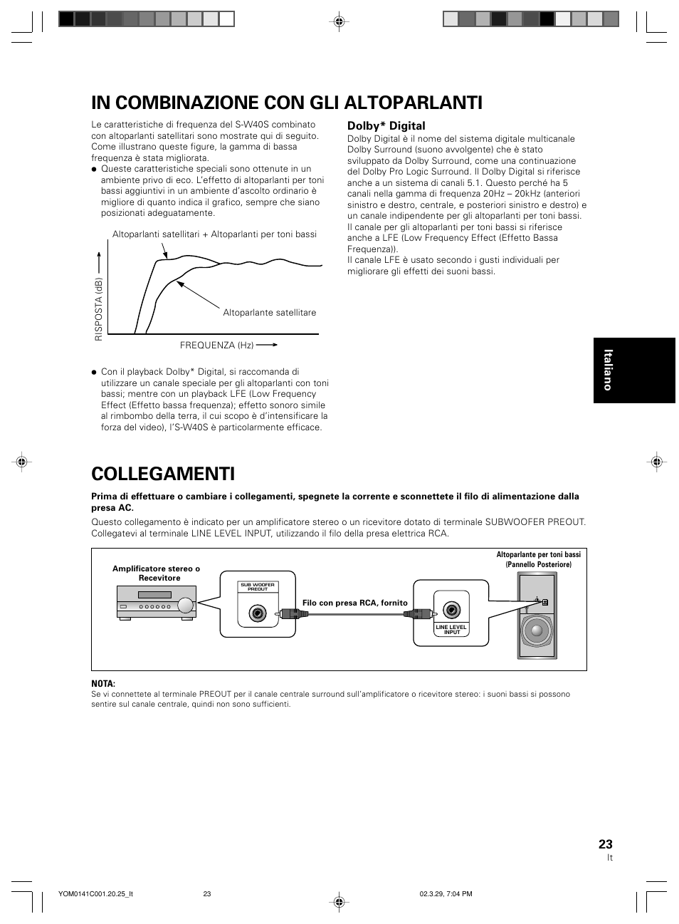 Collegamenti, Italiano, Dolby* digital | Pioneer S-W40S User Manual | Page 23 / 52