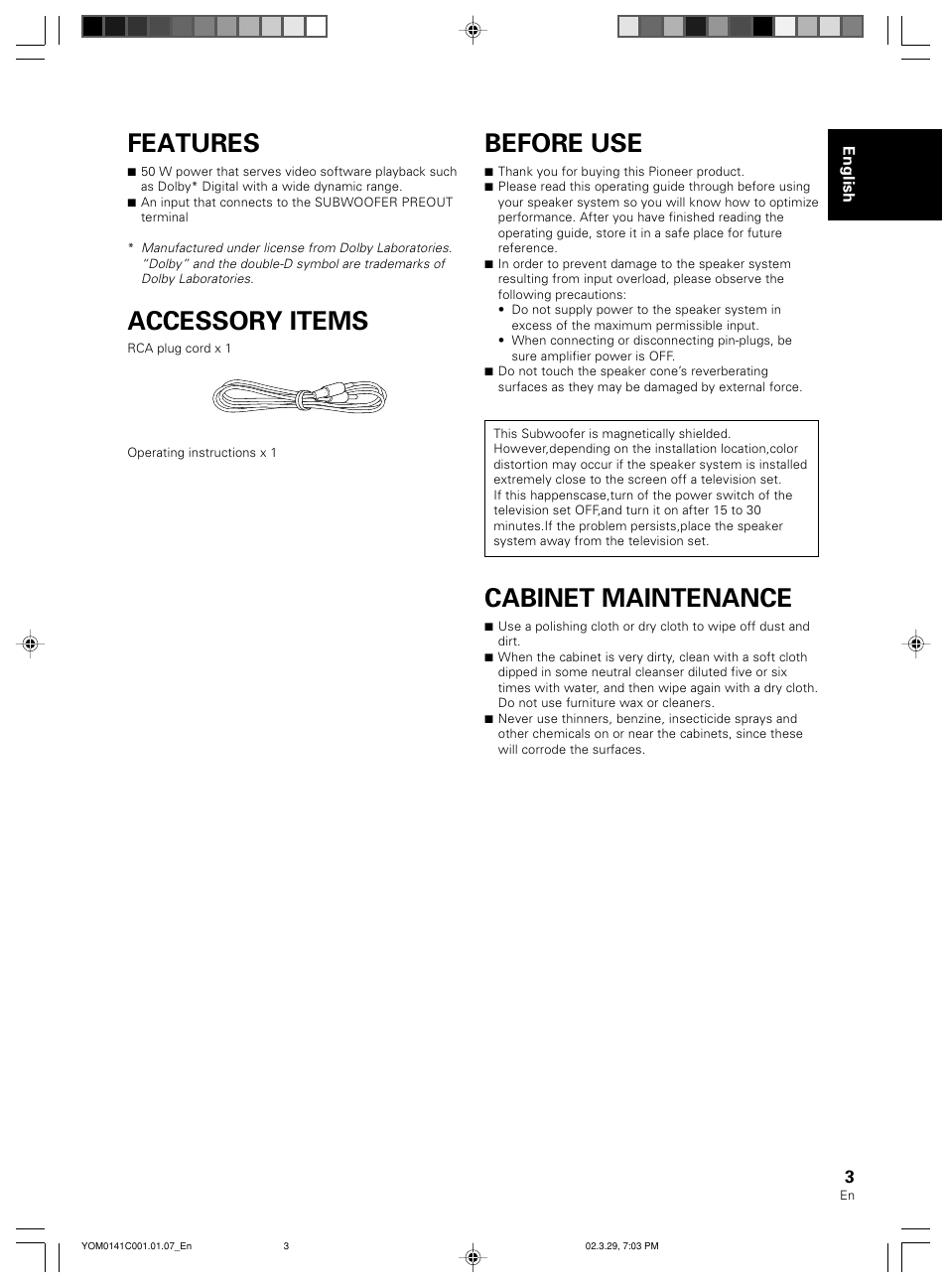 Features, Accessory items, Before use | Cabinet maintenance | Pioneer S-W40S User Manual | Page 3 / 52