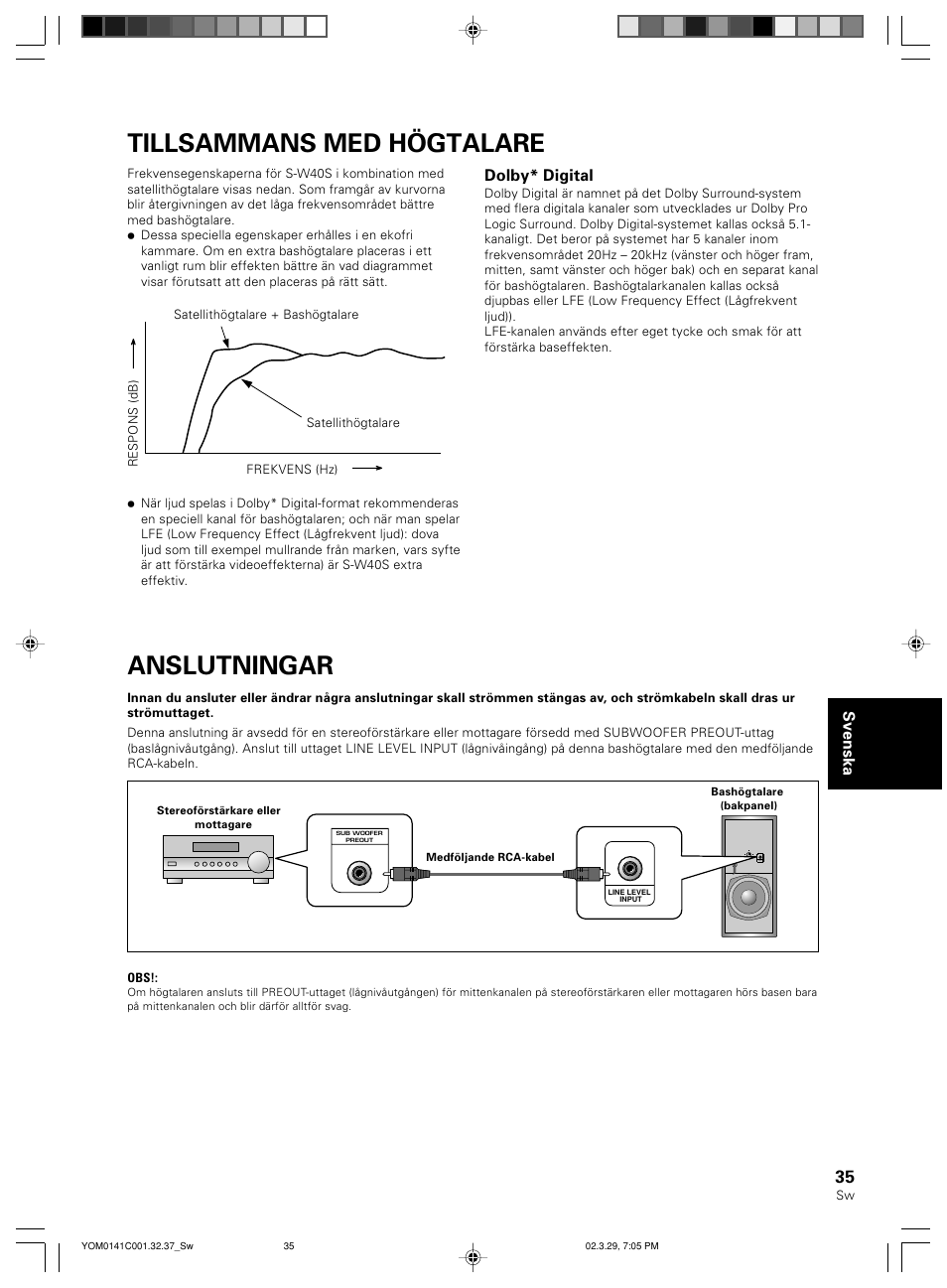 Tillsammans med högtalare, Anslutningar, Svenska | Dolby* digital | Pioneer S-W40S User Manual | Page 35 / 52