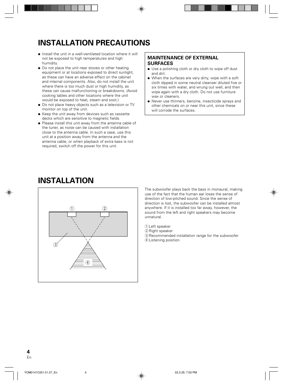 Installation precautions installation | Pioneer S-W40S User Manual | Page 4 / 52