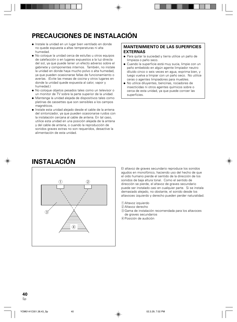 Instalación, Precauciones de instalación | Pioneer S-W40S User Manual | Page 40 / 52