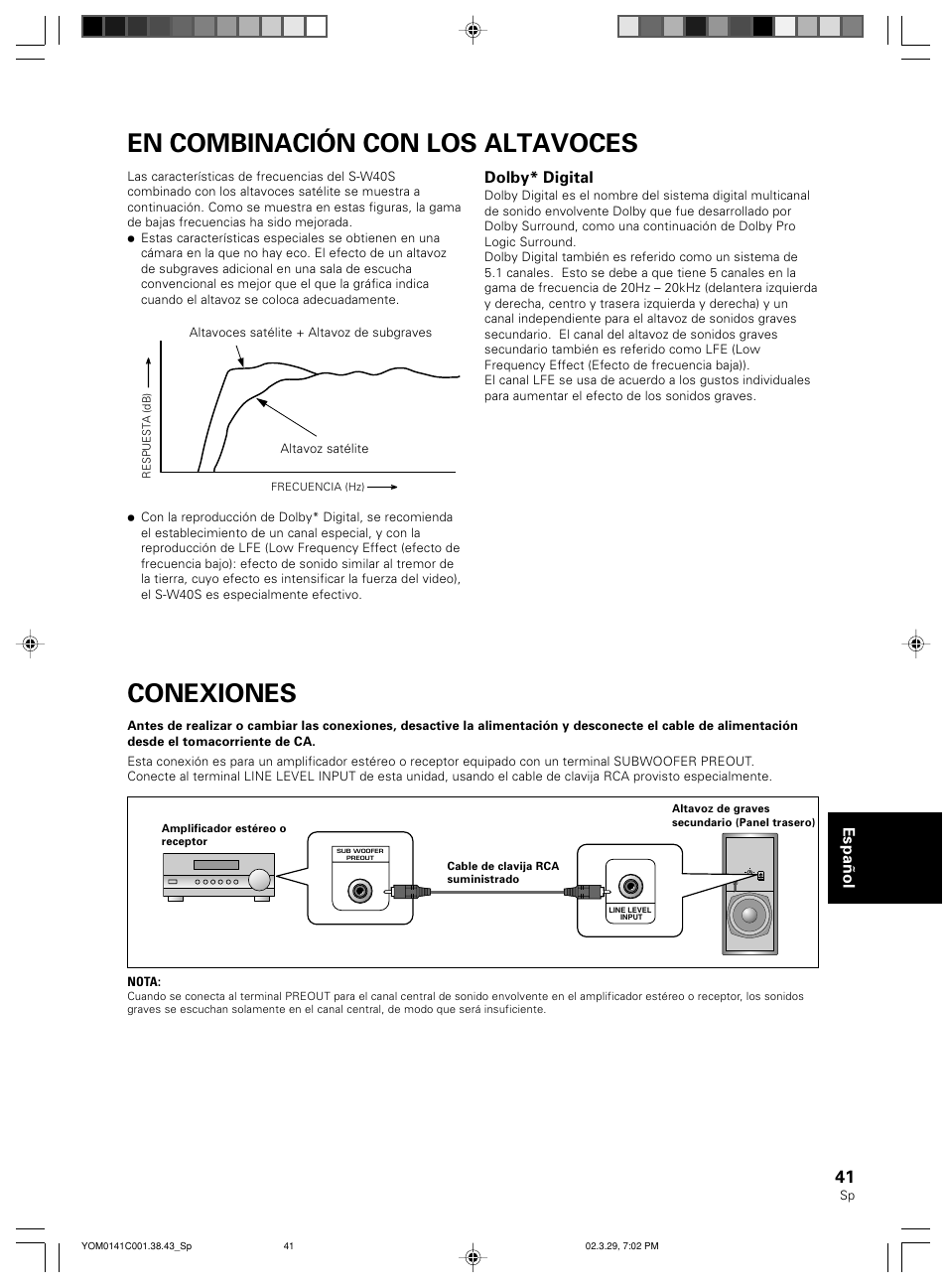 En combinación con los altavoces, Conexiones, Espa ñ ol | Dolby* digital | Pioneer S-W40S User Manual | Page 41 / 52