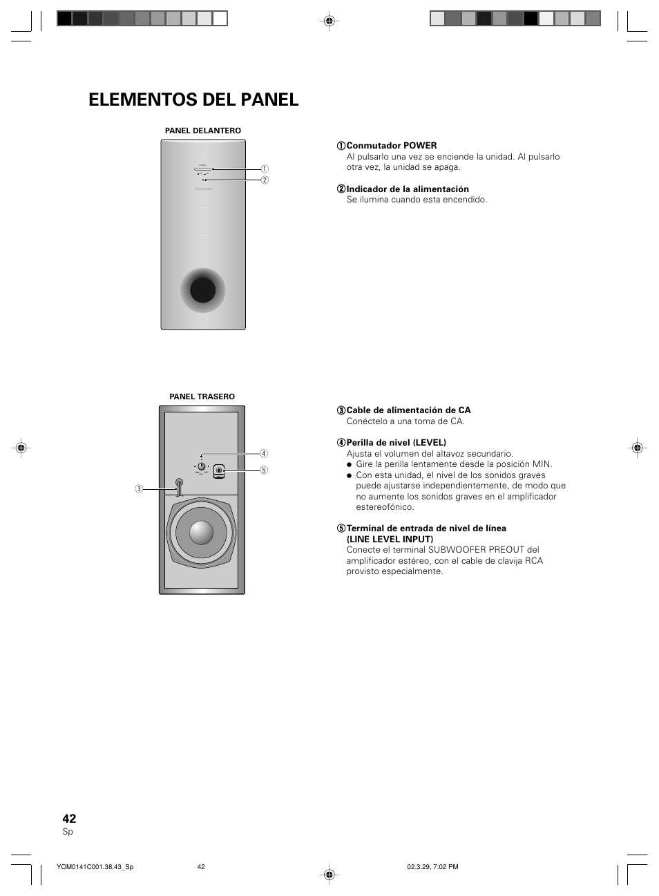 Elementos del panel | Pioneer S-W40S User Manual | Page 42 / 52