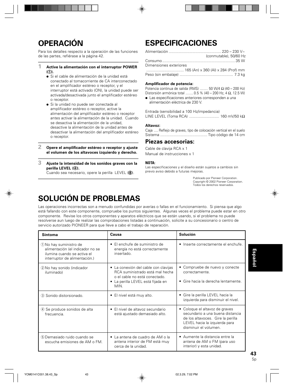 Operación, Especificaciones, Solución de problemas | Piezas accesorias | Pioneer S-W40S User Manual | Page 43 / 52