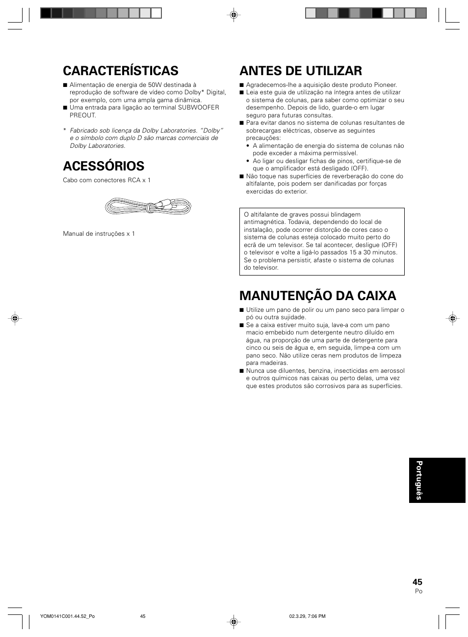Características, Acessórios, Antes de utilizar | Manutenção da caixa | Pioneer S-W40S User Manual | Page 45 / 52