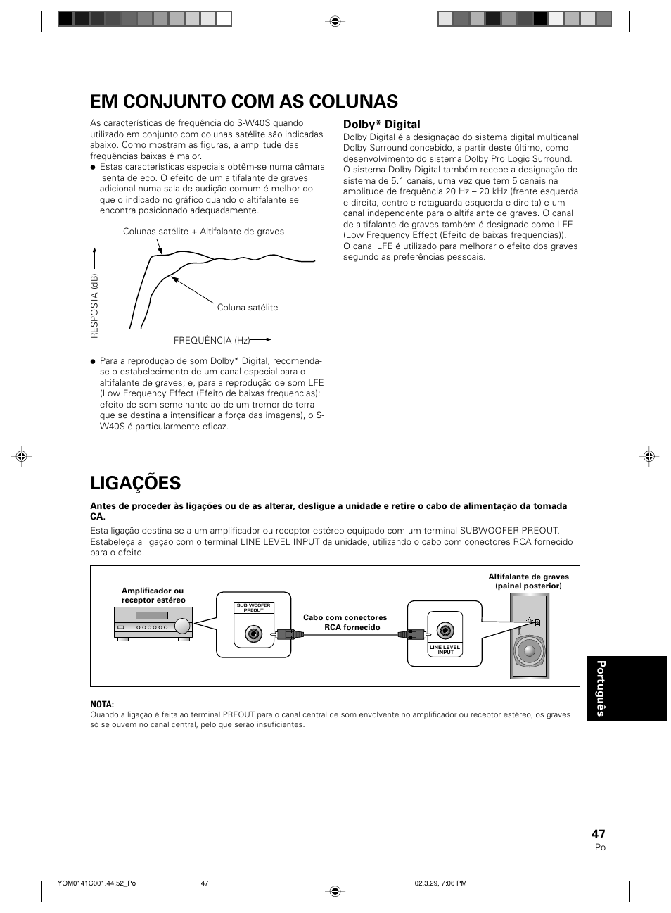 Em conjunto com as colunas, Ligações | Pioneer S-W40S User Manual | Page 47 / 52