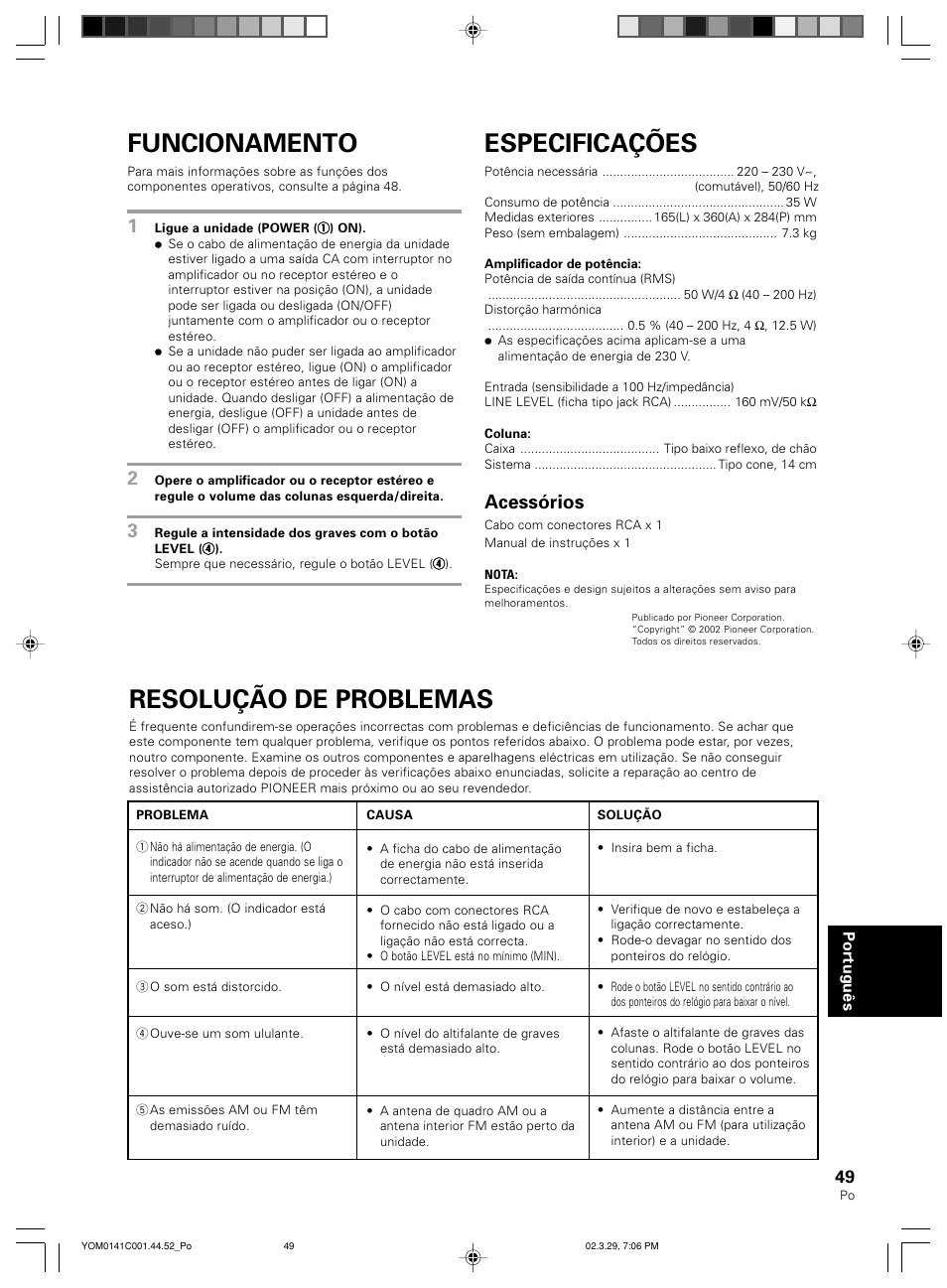 Resolução de problemas, Funcionamento, Especificações | Acessórios | Pioneer S-W40S User Manual | Page 49 / 52
