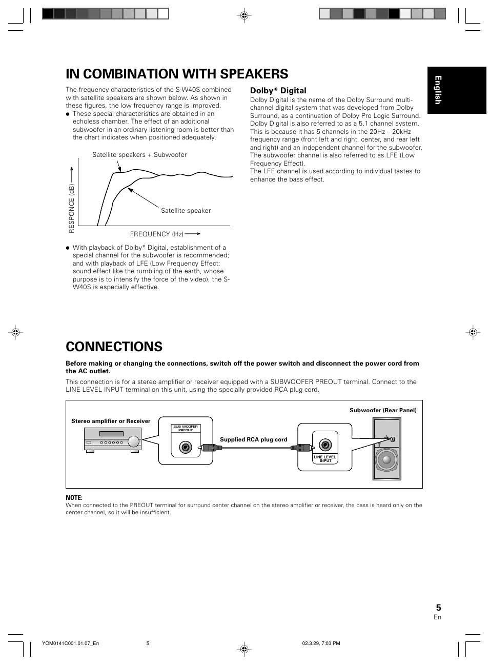 Connections, English, Dolby* digital | Pioneer S-W40S User Manual | Page 5 / 52