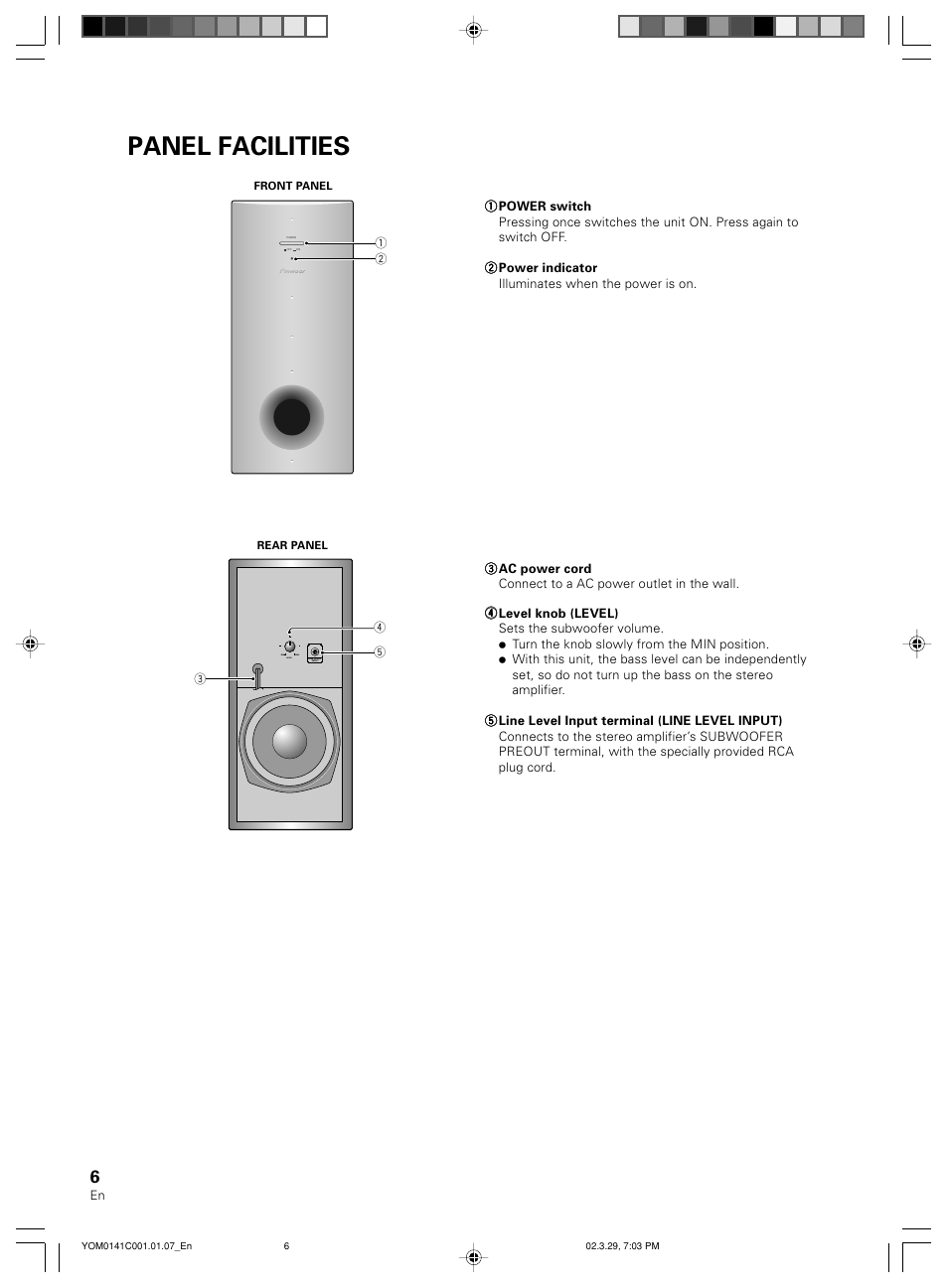Panel facilities | Pioneer S-W40S User Manual | Page 6 / 52