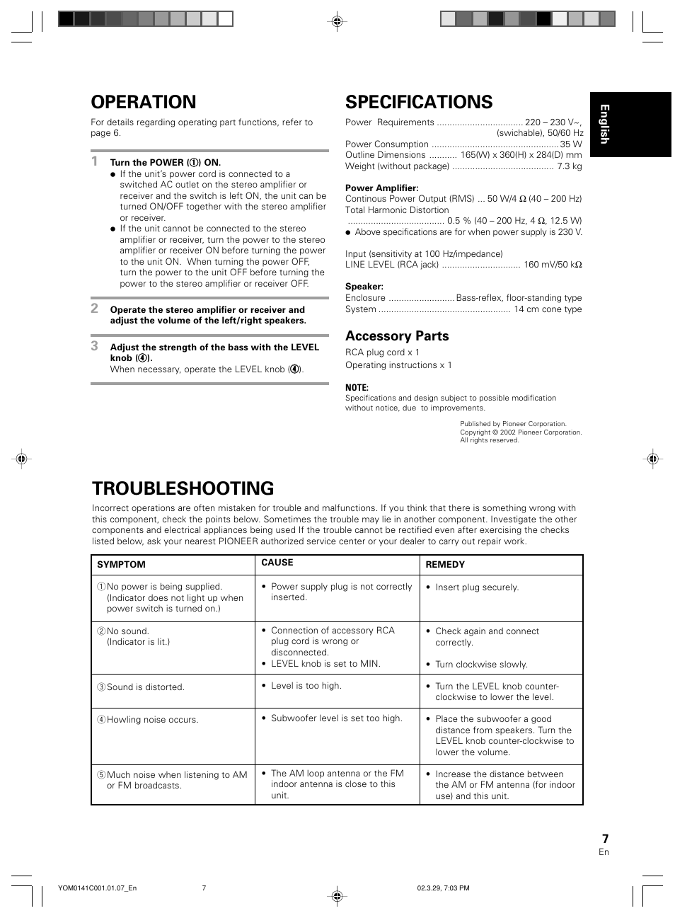 Operation, Specifications, Troubleshooting | Accessory parts | Pioneer S-W40S User Manual | Page 7 / 52