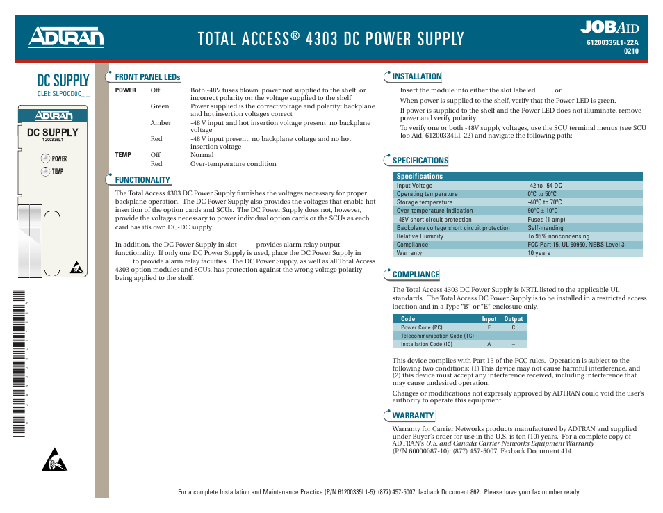 ADTRAN 4303 DC User Manual | 2 pages