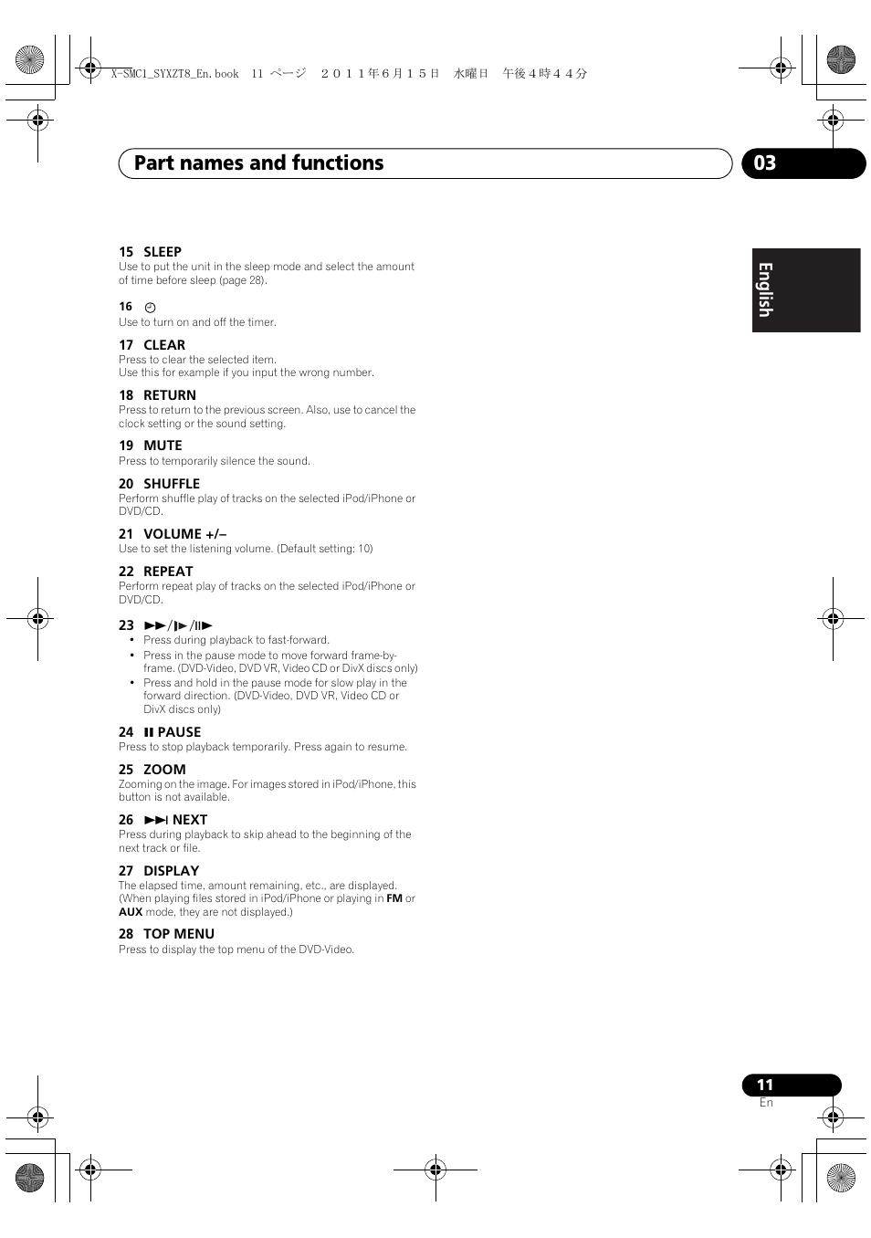 Part names and functions 03, English français español | Pioneer X-SMC1-W User Manual | Page 11 / 116