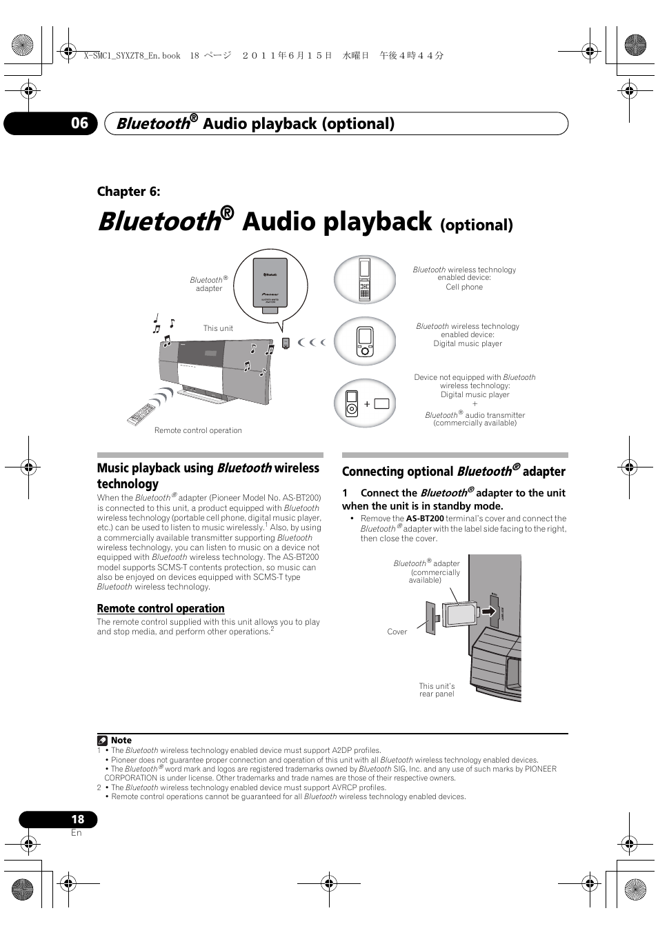 Music playback using bluetooth wireless technology, Remote control operation, Connecting optional bluetooth ® adapter | Audio playback, Bluetooth, Audio playback (optional) 06, Optional), Chapter 6, Connecting optional bluetooth, Adapter | Pioneer X-SMC1-W User Manual | Page 18 / 116