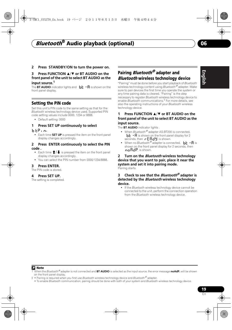 Bluetooth, Audio playback (optional) 06, English français español | Setting the pin code, Pairing bluetooth, Adapter and bluetooth wireless technology device | Pioneer X-SMC1-W User Manual | Page 19 / 116