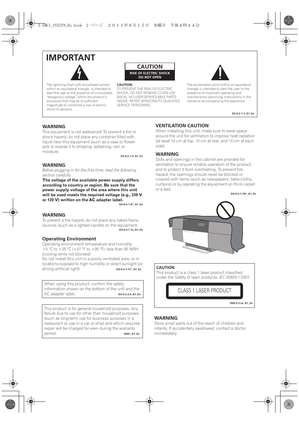 Important, Caution, Class 1 laser product | Pioneer X-SMC1-W User Manual | Page 2 / 116