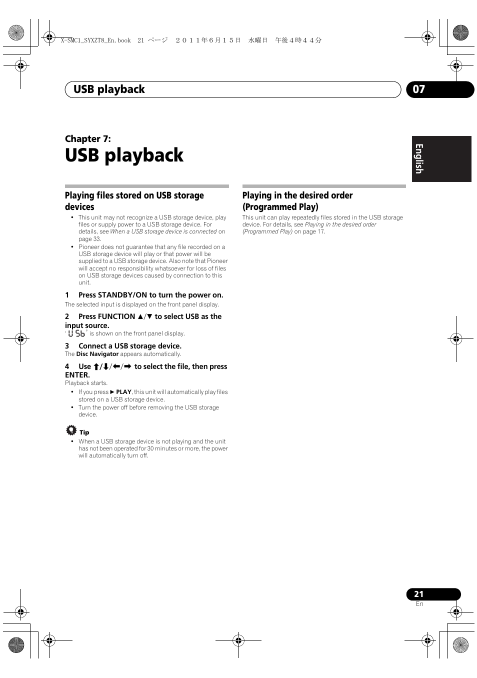Usb playback, Usb playback 07, English français español chapter 7 | Playing files stored on usb storage devices, Playing in the desired order (programmed play) | Pioneer X-SMC1-W User Manual | Page 21 / 116
