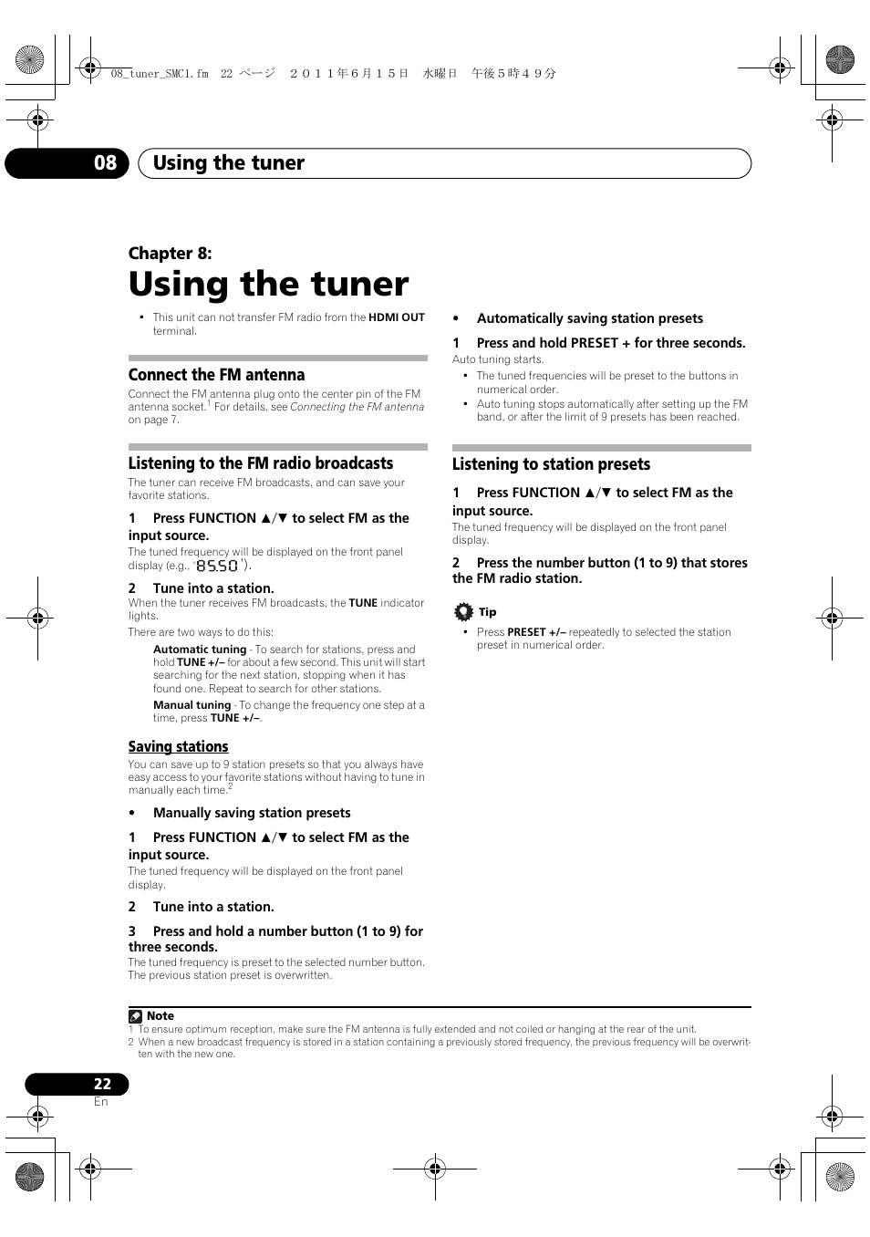 Saving stations, Listening to station presets, Using the tuner | Using the tuner 08, Chapter 8, Connect the fm antenna, Listening to the fm radio broadcasts | Pioneer X-SMC1-W User Manual | Page 22 / 116