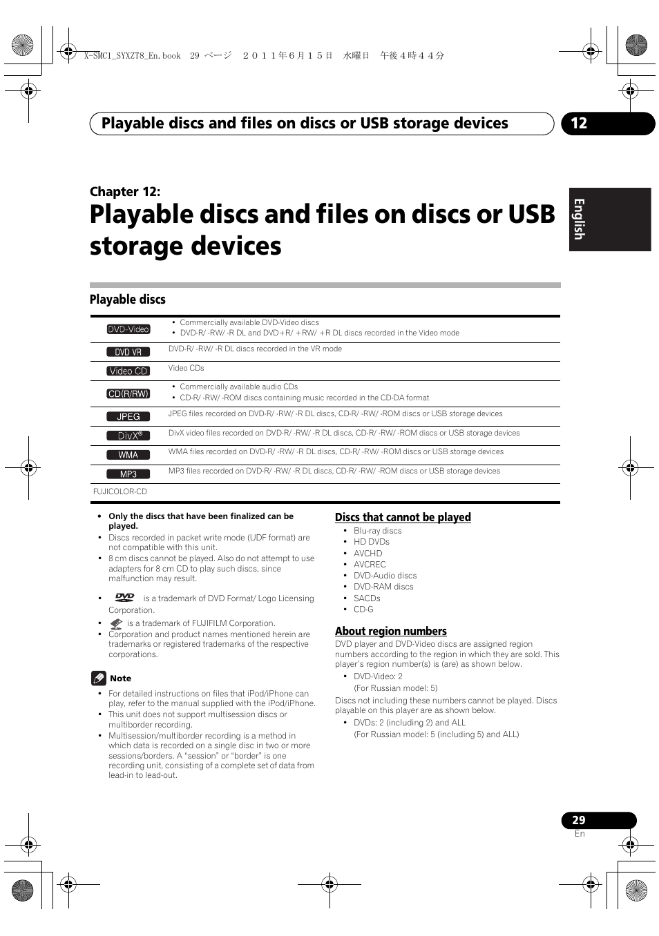 Playable discs, English français español chapter 12 | Pioneer X-SMC1-W User Manual | Page 29 / 116