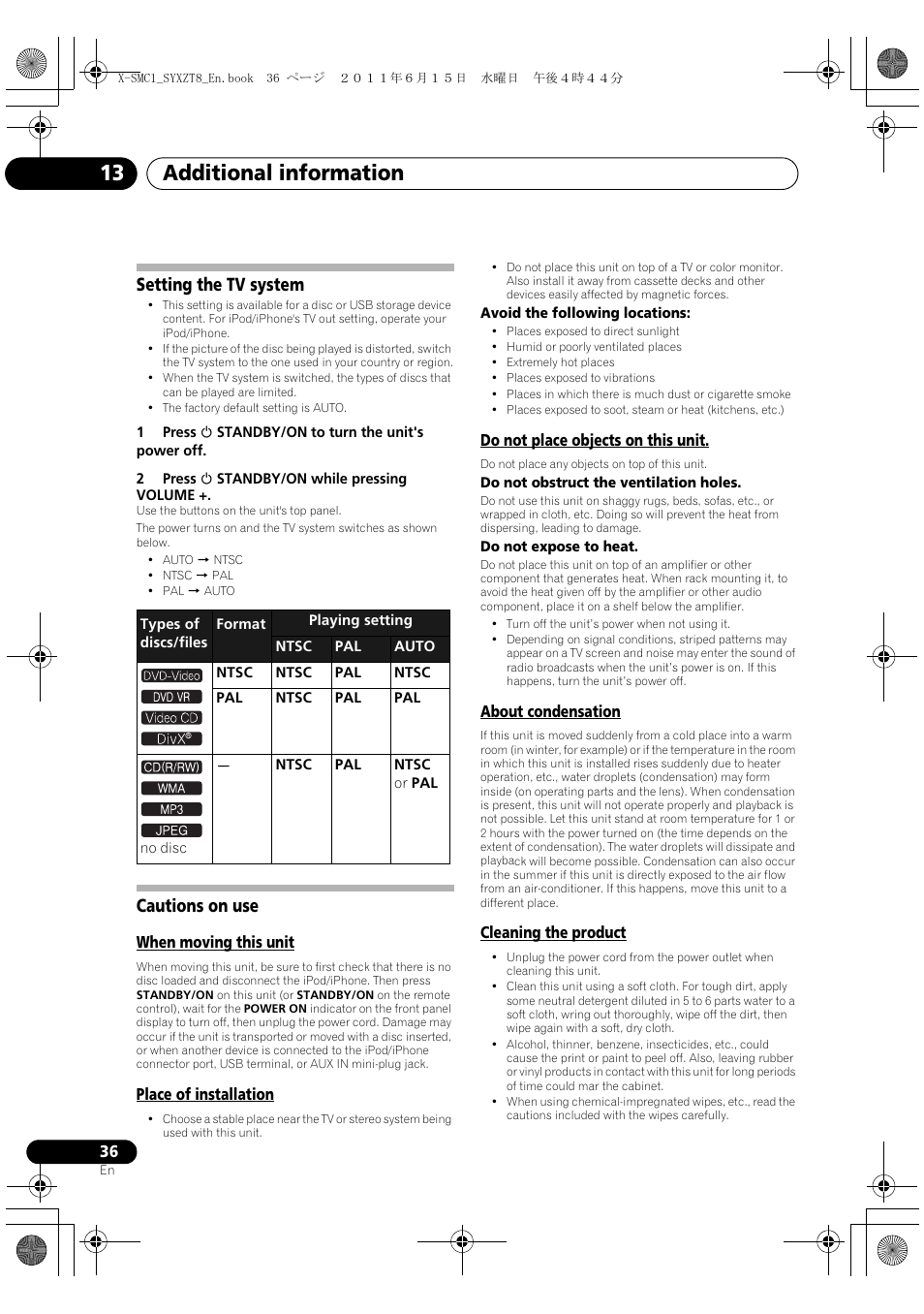 Setting the tv system cautions on use, Additional information 13, Setting the tv system | Cautions on use | Pioneer X-SMC1-W User Manual | Page 36 / 116