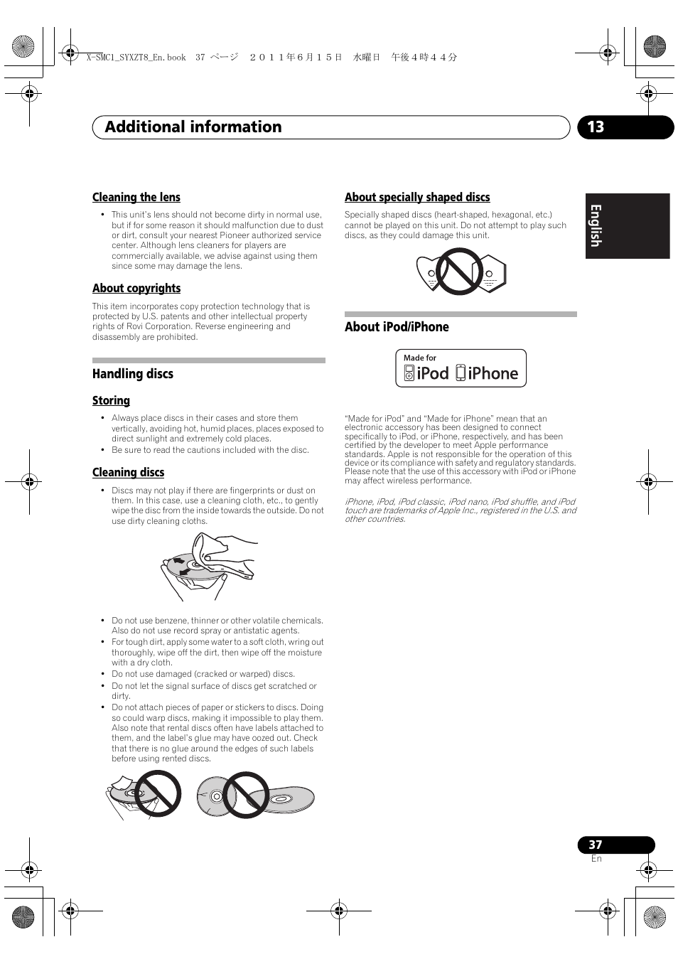 Handling discs about ipod/iphone, Additional information 13, English français español | Handling discs, About ipod/iphone | Pioneer X-SMC1-W User Manual | Page 37 / 116