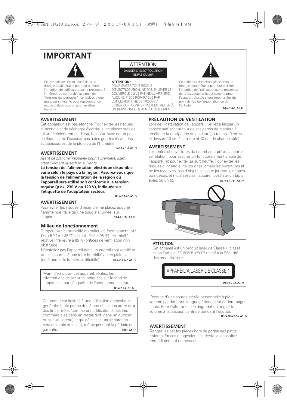 Important, Attention, Appareil à laser de classe 1 | Pioneer X-SMC1-W User Manual | Page 40 / 116