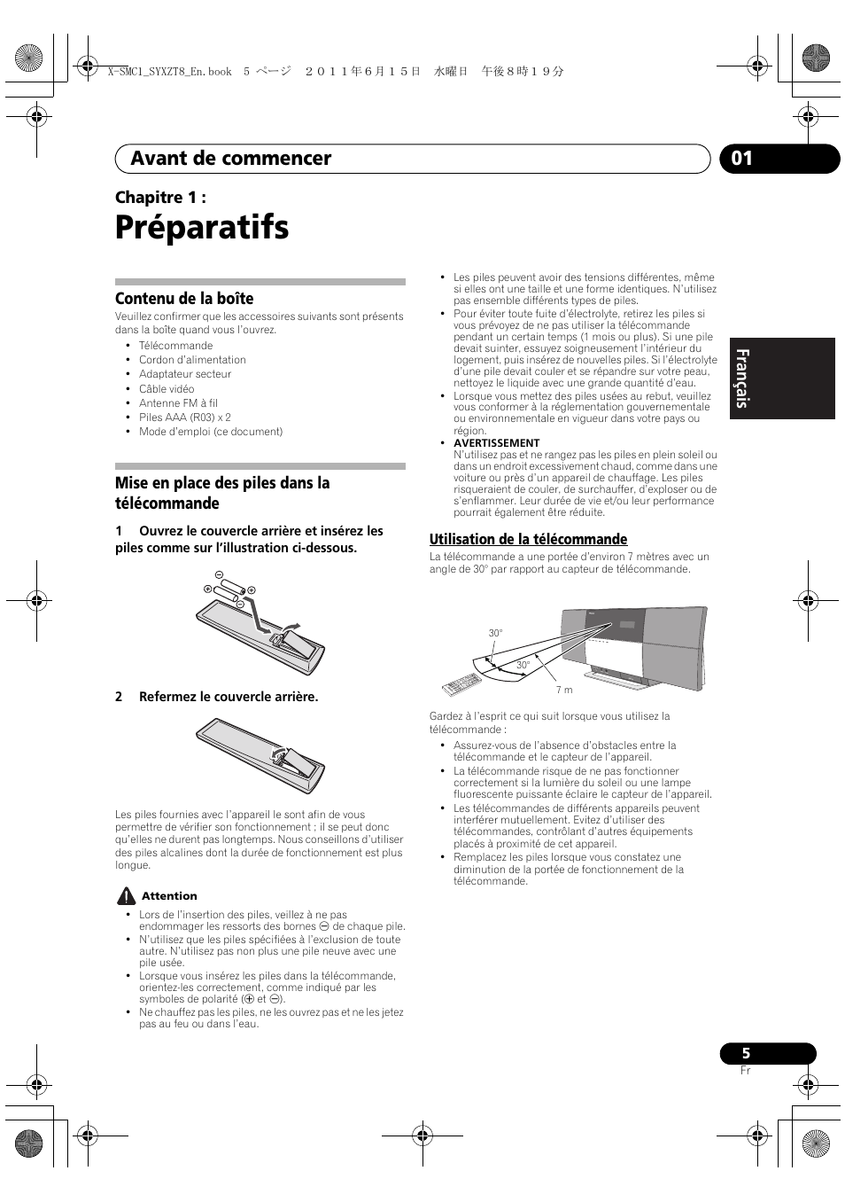 Utilisation de la télécommande, Préparatifs, Avant de commencer 01 | English français español chapitre 1, Contenu de la boîte, Mise en place des piles dans la télécommande | Pioneer X-SMC1-W User Manual | Page 43 / 116