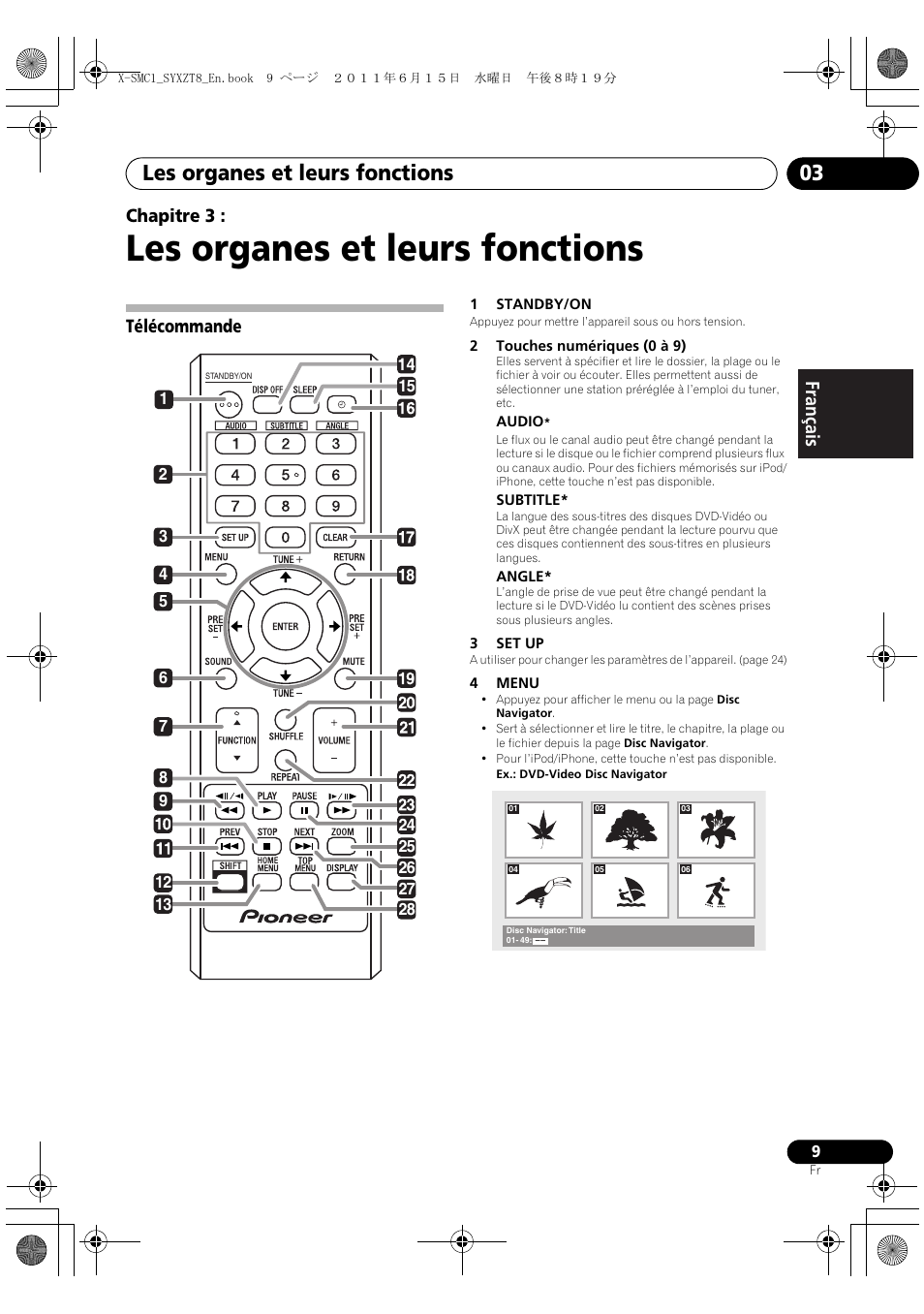 Télécommande, Les organes et leurs fonctions, Les organes et leurs fonctions 03 | English français español chapitre 3 | Pioneer X-SMC1-W User Manual | Page 47 / 116