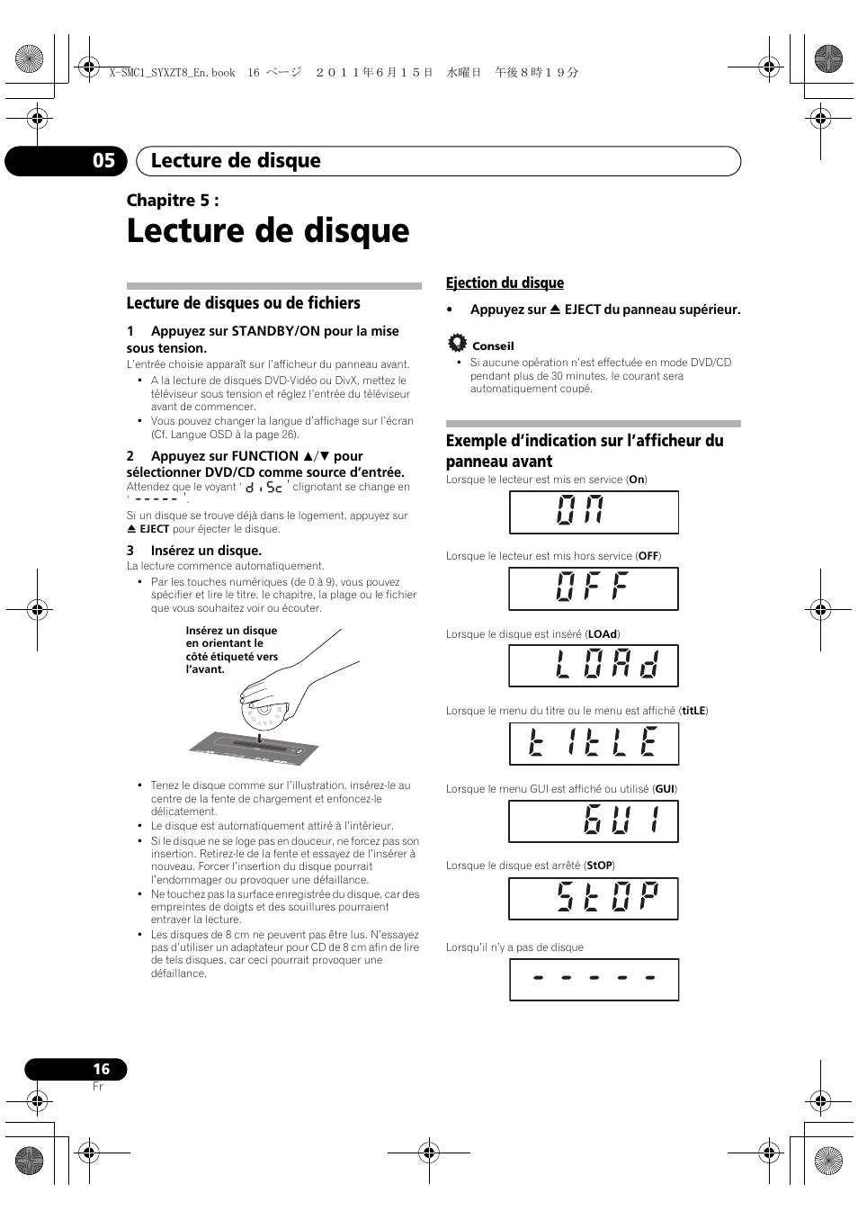 Lecture de disques ou de fichiers, Ejection du disque, Lecture de disque | Lecture de disque 05, Chapitre 5 | Pioneer X-SMC1-W User Manual | Page 54 / 116