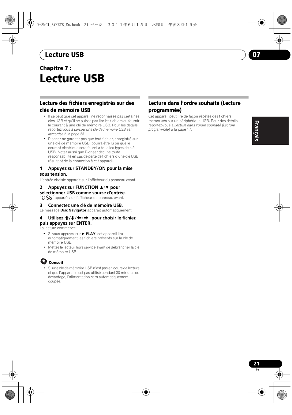 Lecture usb, Lecture usb 07, English français español chapitre 7 | Lecture dans l’ordre souhaité (lecture programmée) | Pioneer X-SMC1-W User Manual | Page 59 / 116