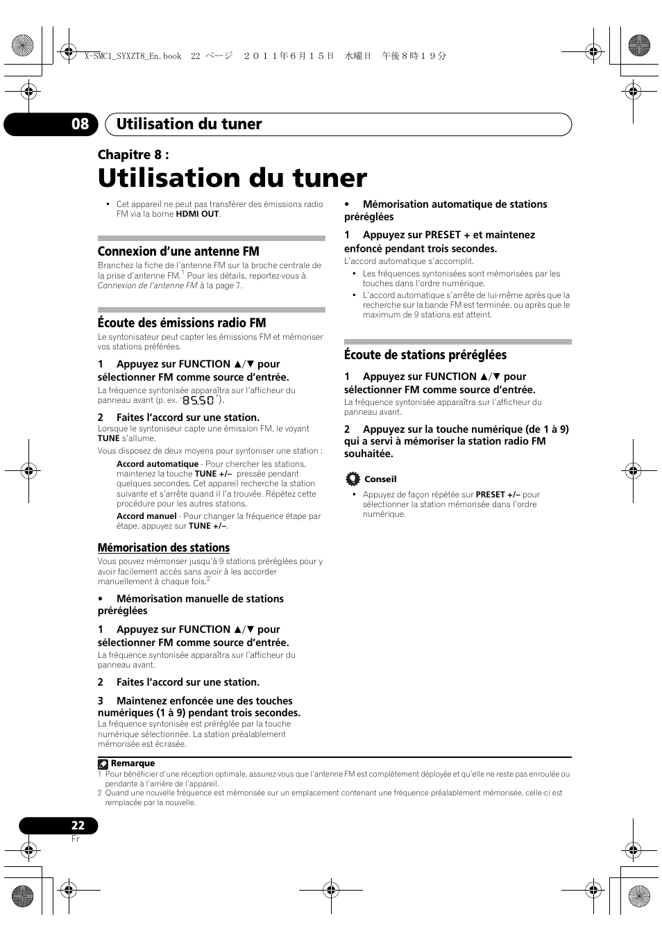 Mémorisation des stations, Écoute de stations préréglées, Utilisation du tuner | Utilisation du tuner 08, Chapitre 8, Connexion d’une antenne fm, Écoute des émissions radio fm | Pioneer X-SMC1-W User Manual | Page 60 / 116