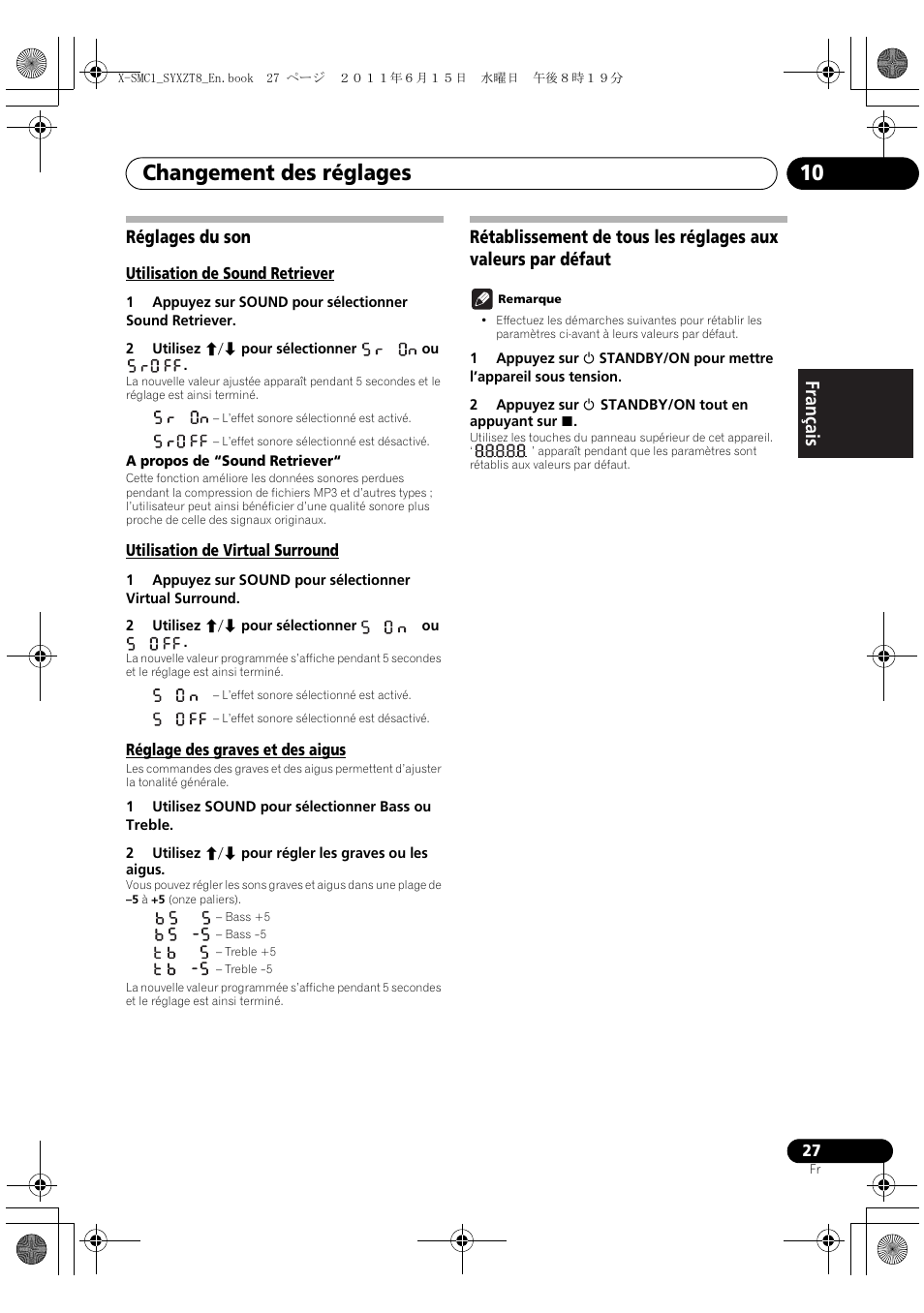 Réglages du son, Changement des réglages 10, English français español réglages du son | Pioneer X-SMC1-W User Manual | Page 65 / 116