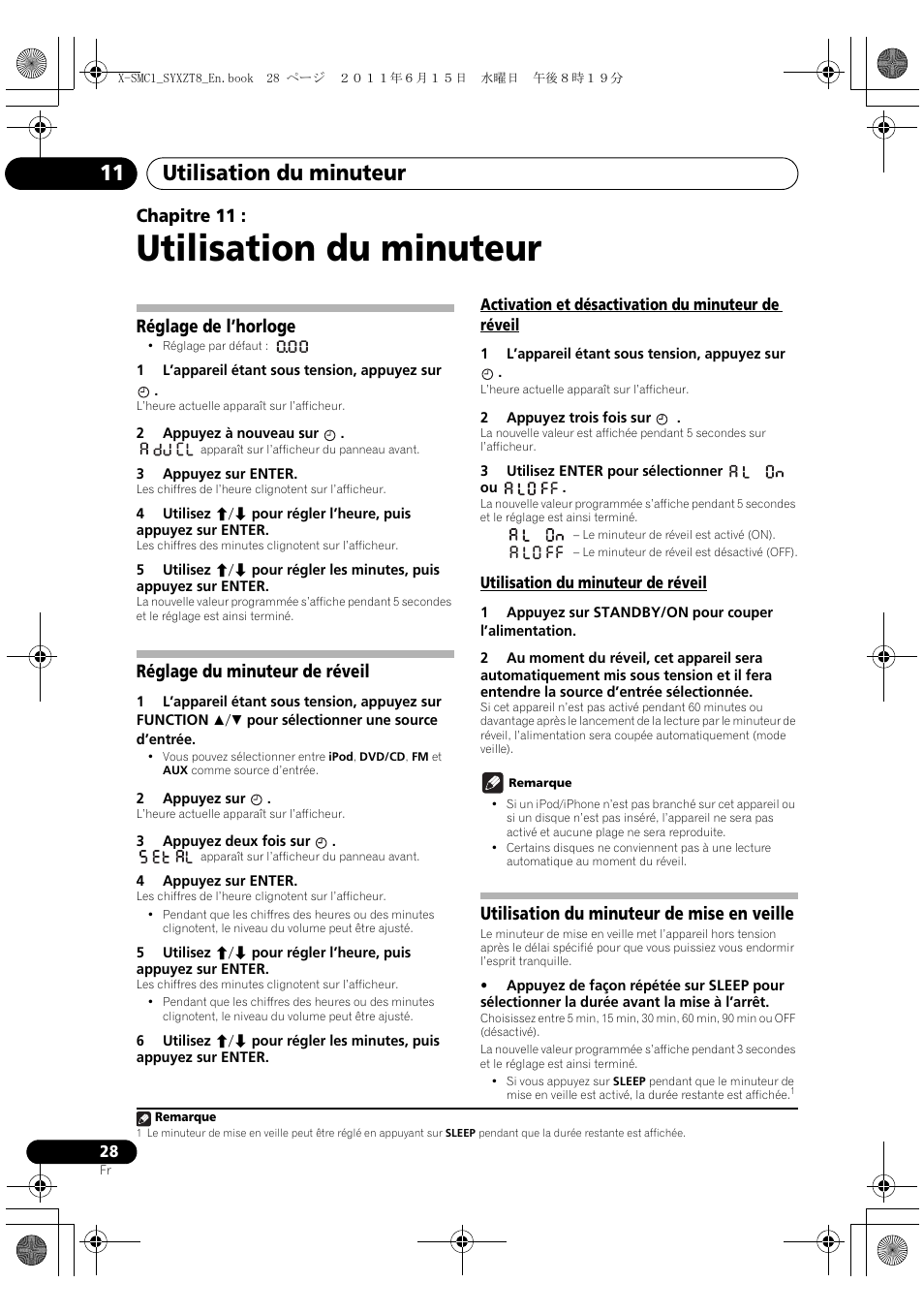 Réglage de l’horloge réglage du minuteur de réveil, Utilisation du minuteur de mise en veille, Utilisation du minuteur | Utilisation du minuteur 11, Chapitre 11, Réglage de l’horloge, Réglage du minuteur de réveil | Pioneer X-SMC1-W User Manual | Page 66 / 116