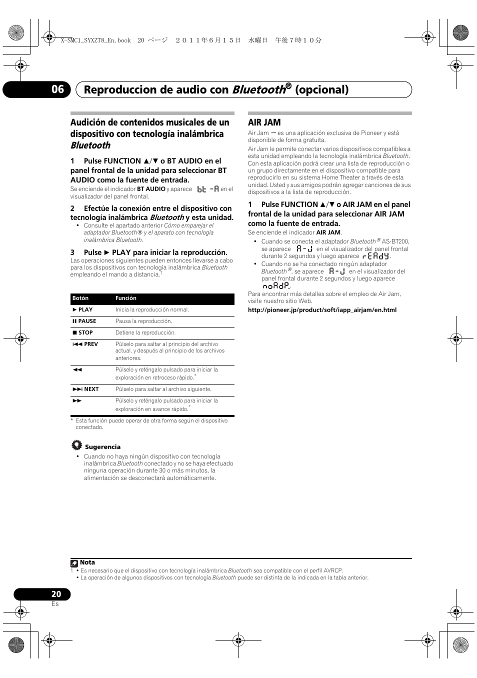 Bluetooth, Reproduccion de audio con, Opcional) 06 | Air jam | Pioneer X-SMC1-W User Manual | Page 96 / 116