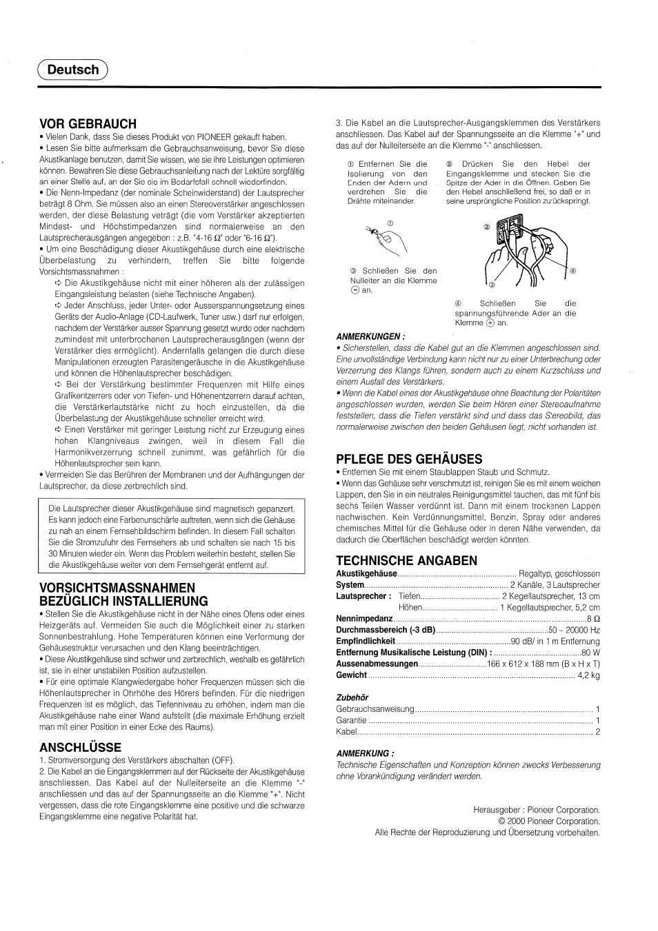 Deutsch, Vor gebrauch, Vorsichtsmassnahmen bezüglich installierung | Anschlüsse, Pflege des gehäuses, Technische angaben, Deutsch vor gebrauch | Pioneer S-H210V User Manual | Page 2 / 8