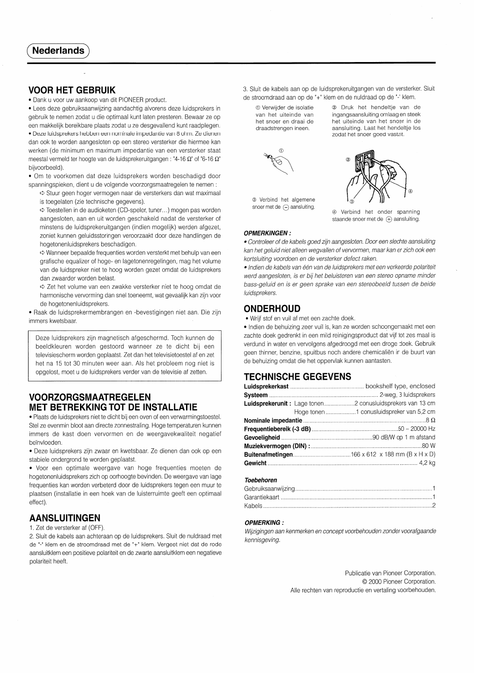 Nederlands), Voor нет gebruik, Voorzorgsmaatregelen | Met betrekkingtot de installatie, Aansluitingen, Onderhoud, Technische gegevens, Nederlands) voor нет gebruik | Pioneer S-H210V User Manual | Page 4 / 8