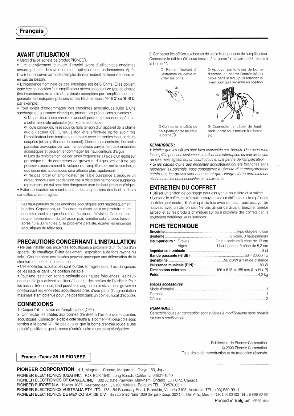 Français), Avant utilisation, Precautions concernant l'installation | Connexions, Entretien du coffret, Fiche technique, Français) avant utilisation | Pioneer S-H210V User Manual | Page 8 / 8