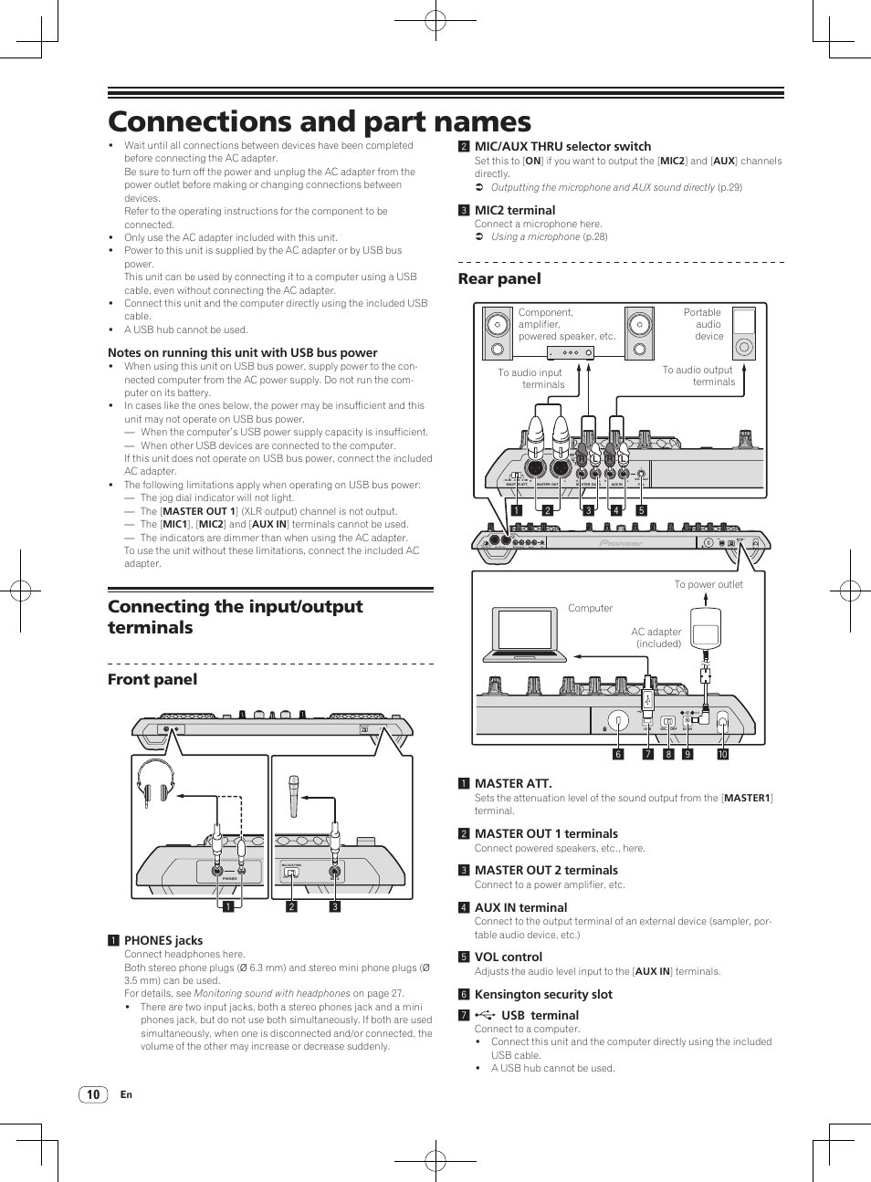 Connecting the input/output terminals, Connections and part names, Front panel | Rear panel | Pioneer DDJ-S1 User Manual | Page 10 / 112