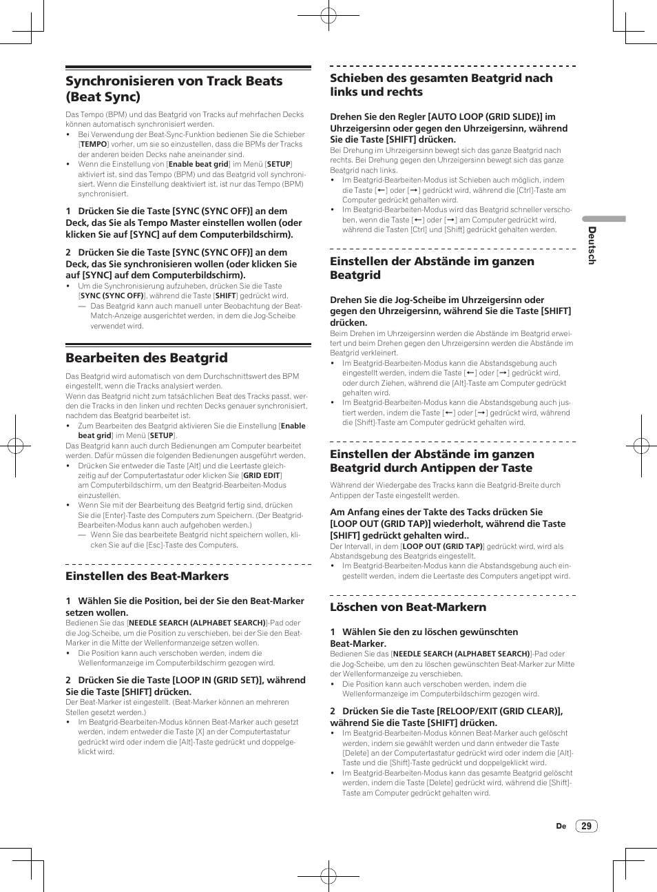 Synchronisieren von track beats (beat sync), Bearbeiten des beatgrid, Einstellen des beat-markers | Einstellen der abstände im ganzen beatgrid, Löschen von beat-markern | Pioneer DDJ-S1 User Manual | Page 101 / 112