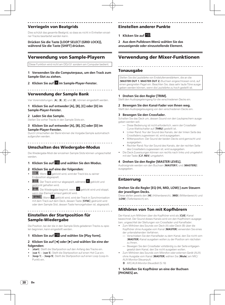 Verwendung von sample-playern, Verwendung der mixer-funktionen, Verriegeln von beatgrids | Verwendung der sample bank, Umschalten des wiedergabe-modus, Einstellen der startposition für sample-wiedergabe, Einstellen anderer punkte, Tonausgabe, Entzerrung, Mithören von ton mit kopfhörern | Pioneer DDJ-S1 User Manual | Page 102 / 112